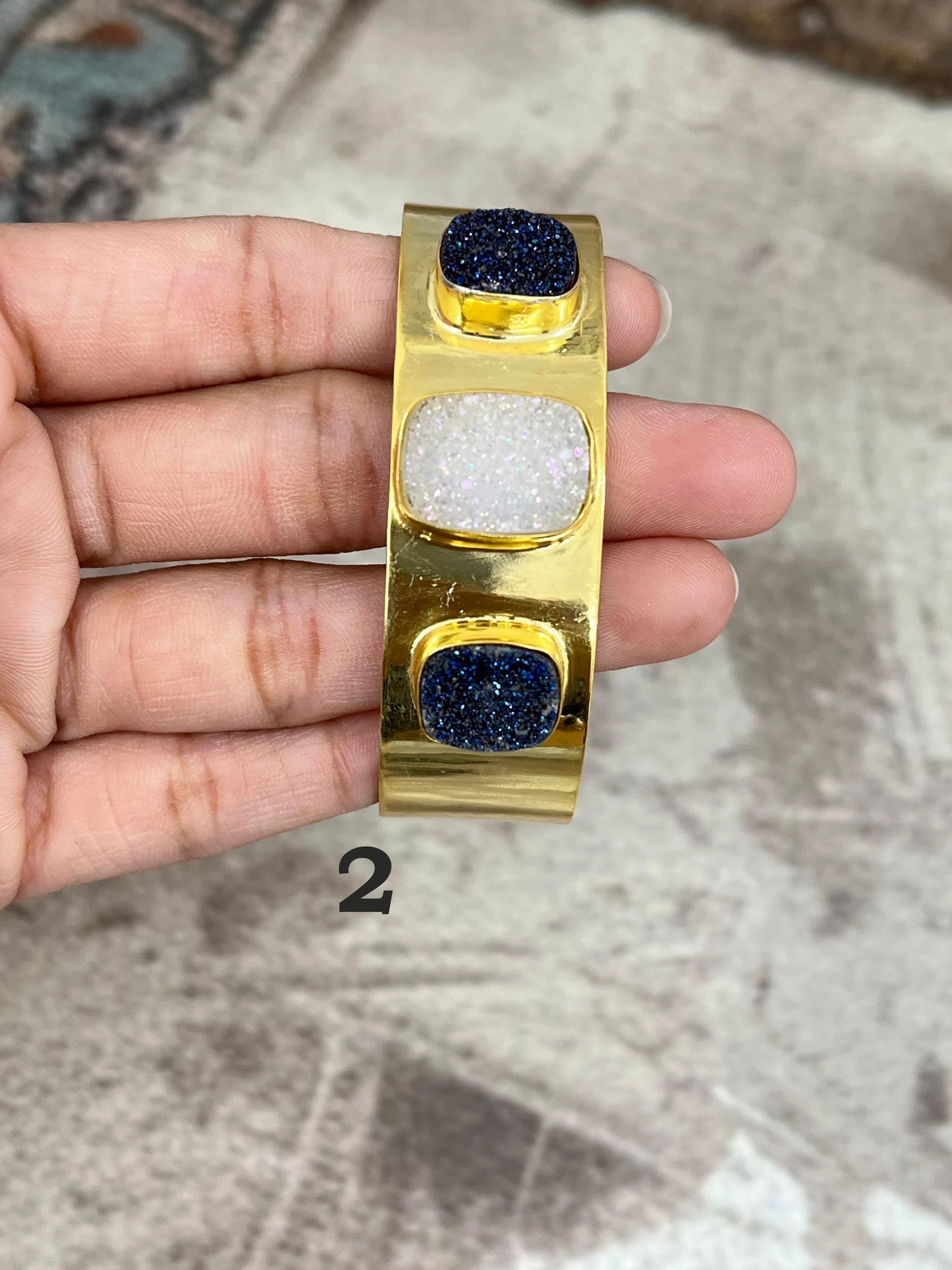 “The Boho Collection” Handmade Natural Gold Plated 3 Stone Druzy Cuff Bracelet