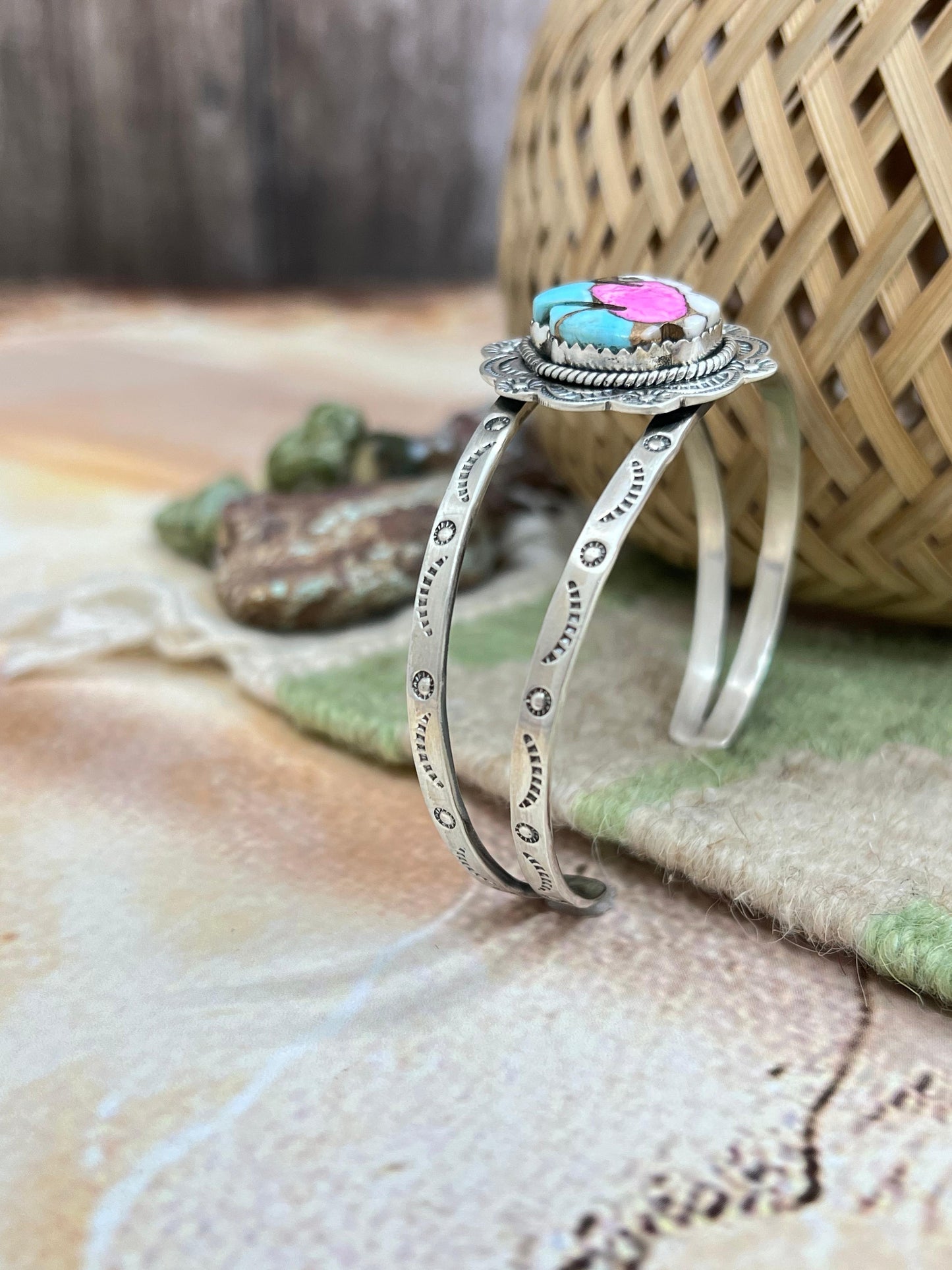 Handmade Sterling Silver Cotton Candy Turquoise SaguaroCuff Bracelet with Signed Nizhoni