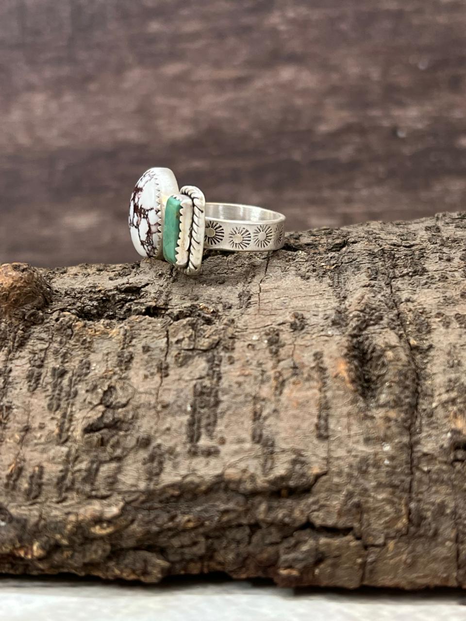 Handmade Sterling Silver Wild Horse Magnesite with Kingman Turquoise Adjustable Ring with Signed Nizhoni (9)
