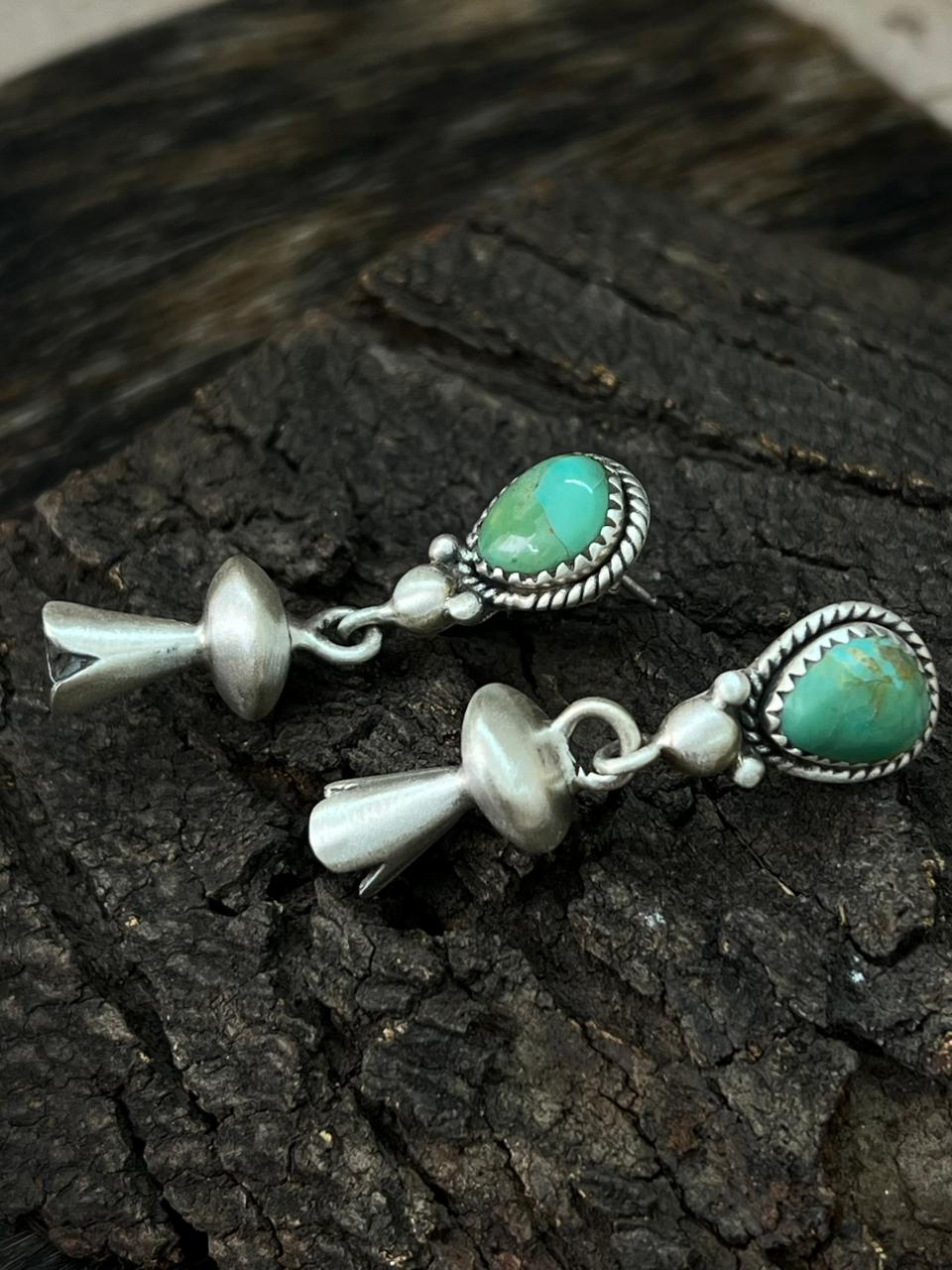 Handmade Sterling Silver Kingman Turquoise Blossom Dangle Earrings "Signed Nizhoni"