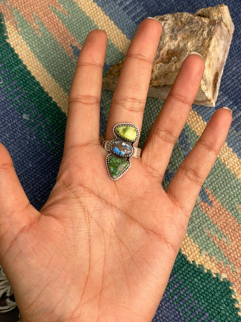 Handmade Sterling Silver Palomino with Golden Hills and Sonoran Mountain Turquoise Adjustable Ring " Signed Nizhoni"
