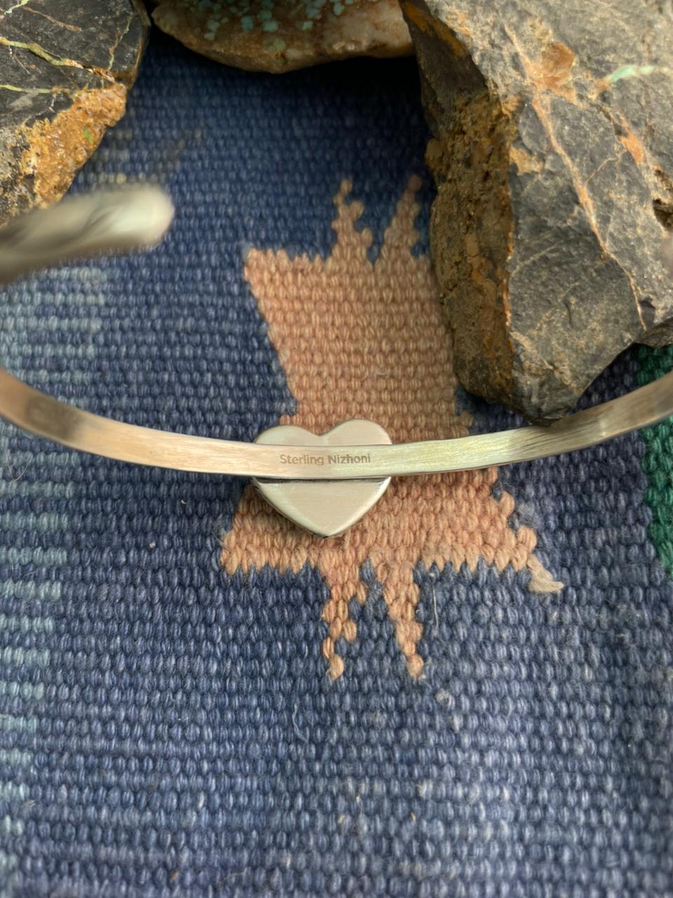 Handmade Sterling Silver Sonoran Mountain Turquoise Heart Cuff Bracelet "Signed Nizhoni"