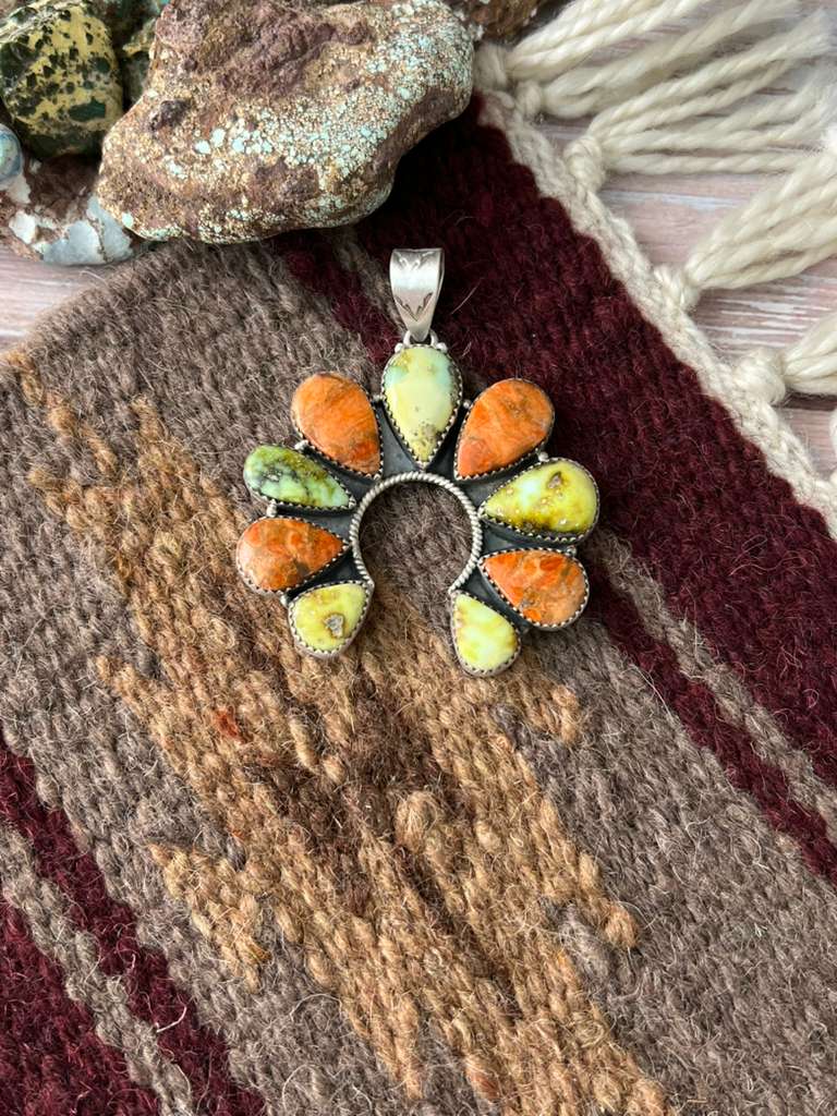Handmade Sterling Silver Apple Coral and Palomino Naja Pendant "Signed Nizhoni"
