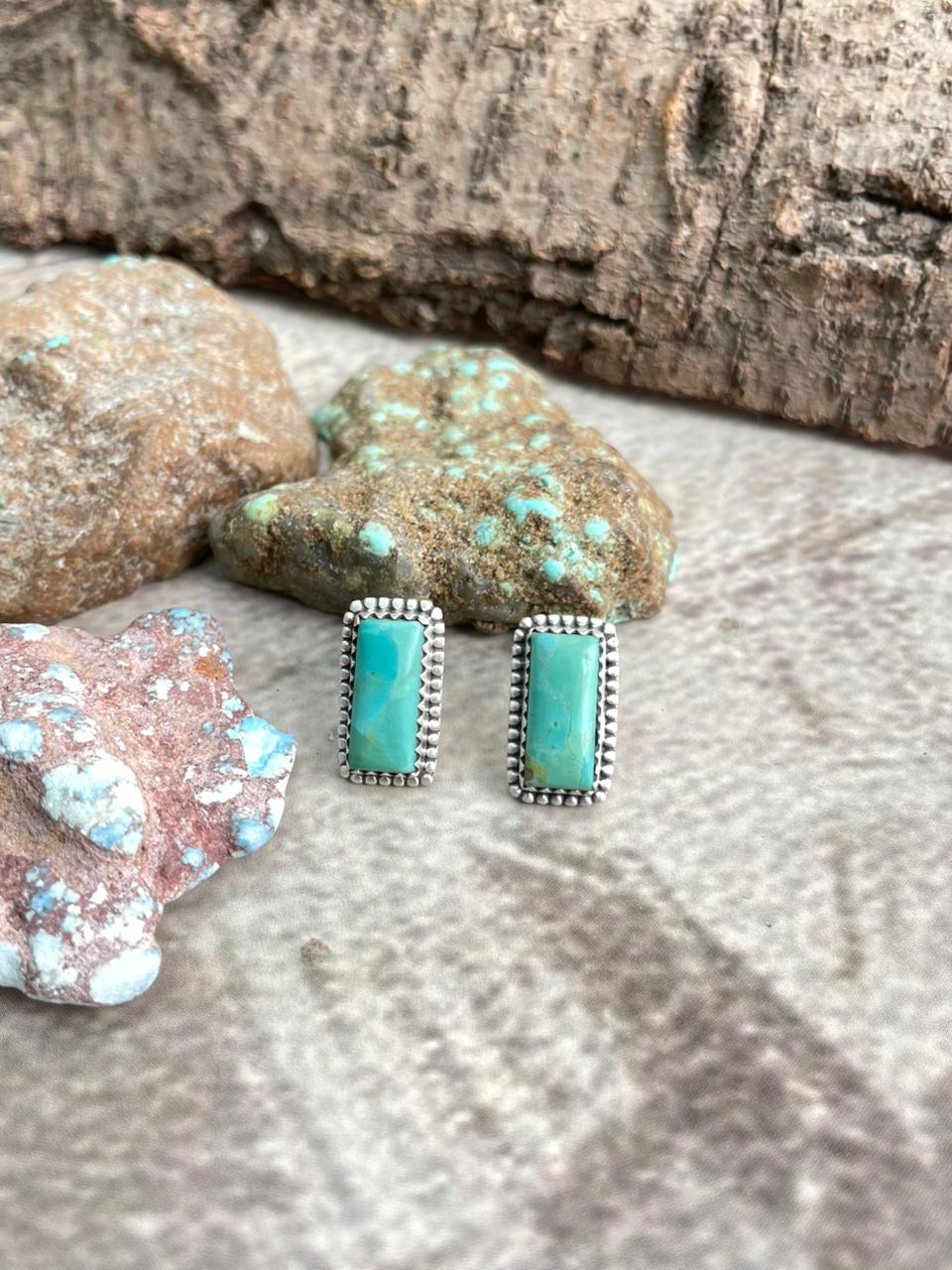 Handmade Sterling Silver Kingman Turquoise Post Studs with Signed Nizhoni