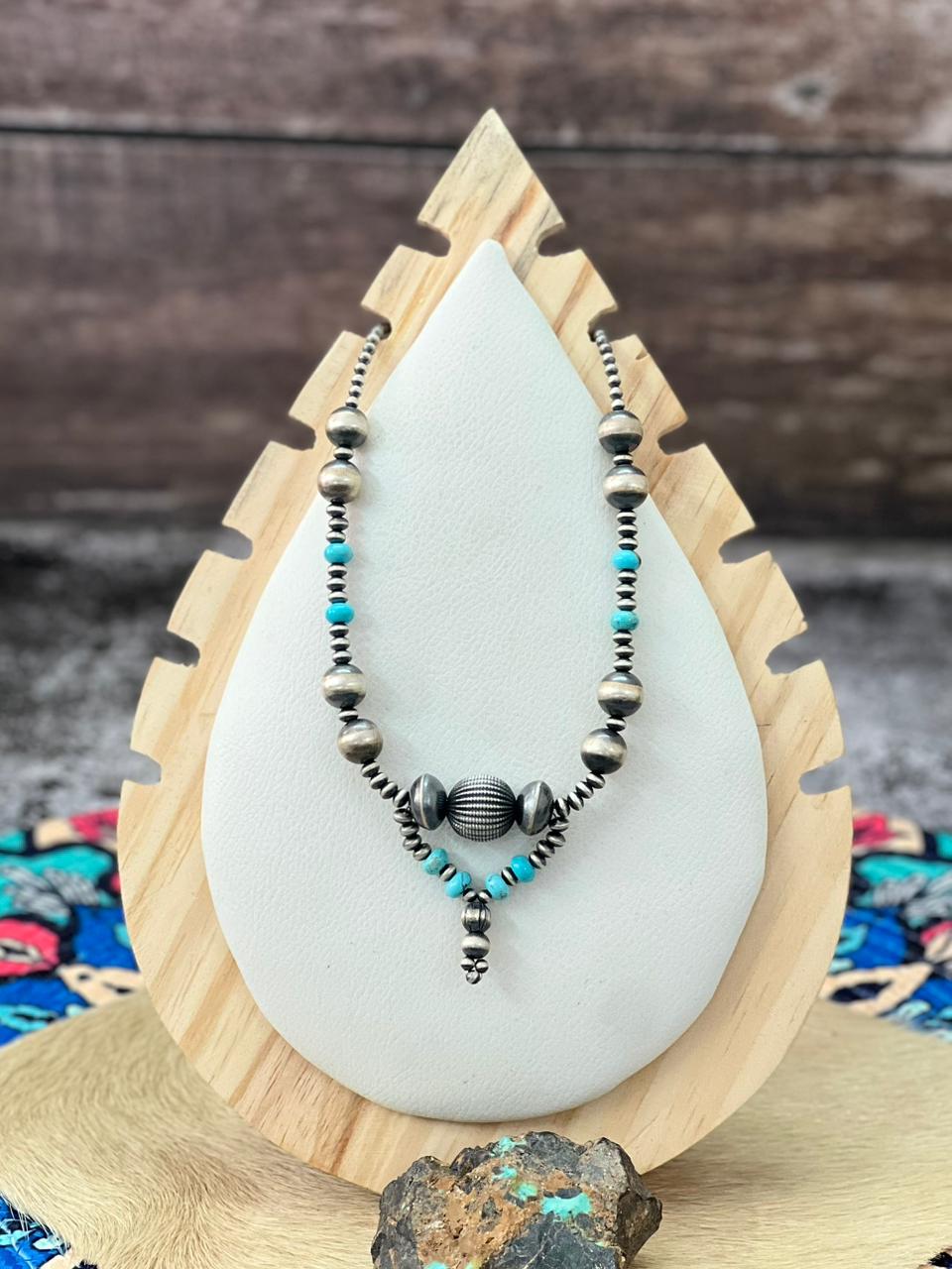 Handmade Sterling Silver Beaded Kingman Turquoise Necklace "Signed Nizhoni"