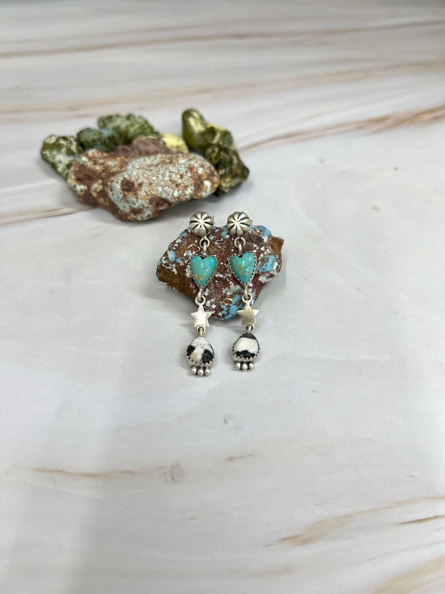 Handmade Sterling Silver White Buffalo with Kingman Turquoise Dangle Earrings with Signed Nizhoni (2)