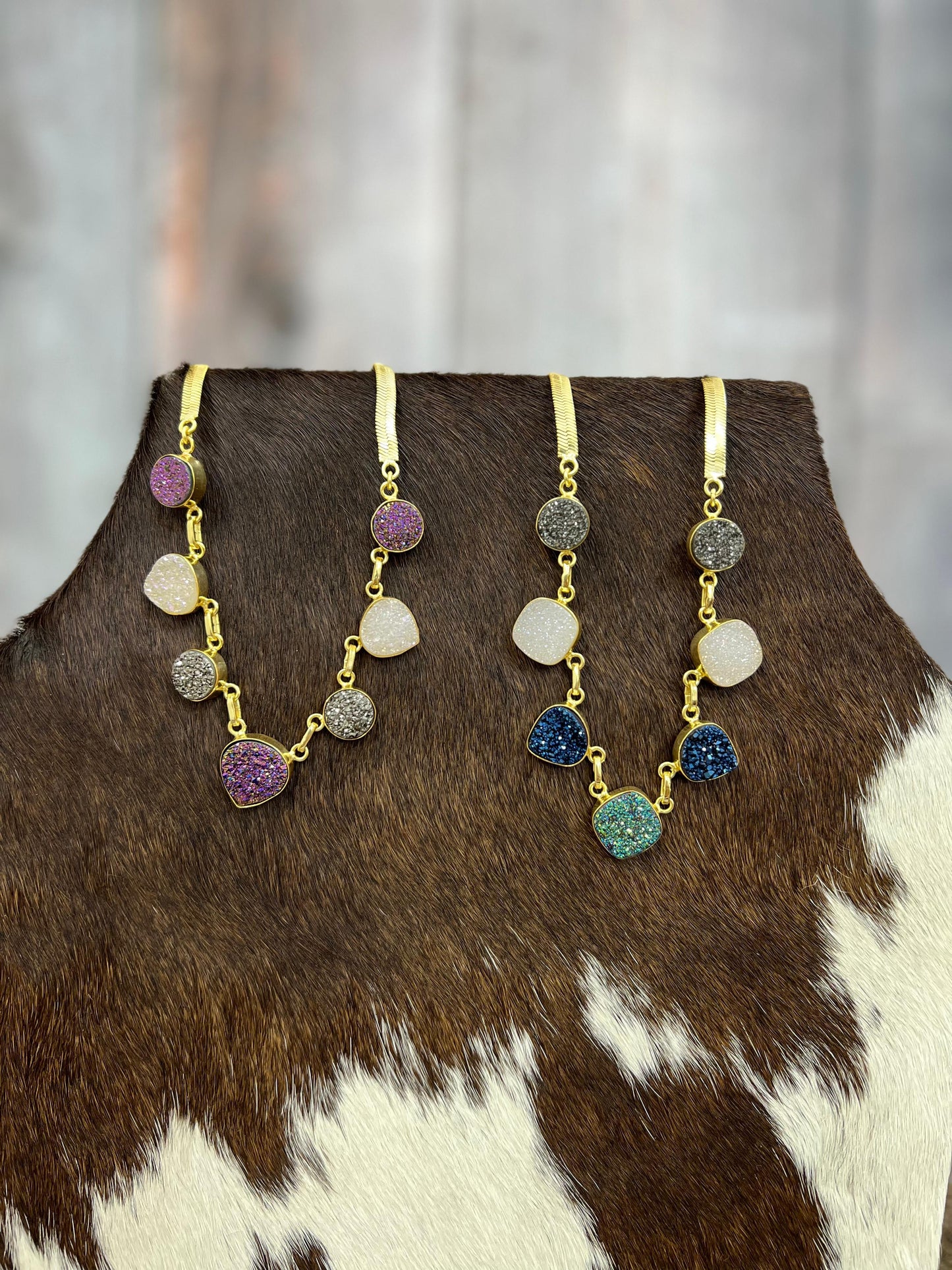 “The Boho Collection” Handmade Natural Druzy Herringbone Necklace