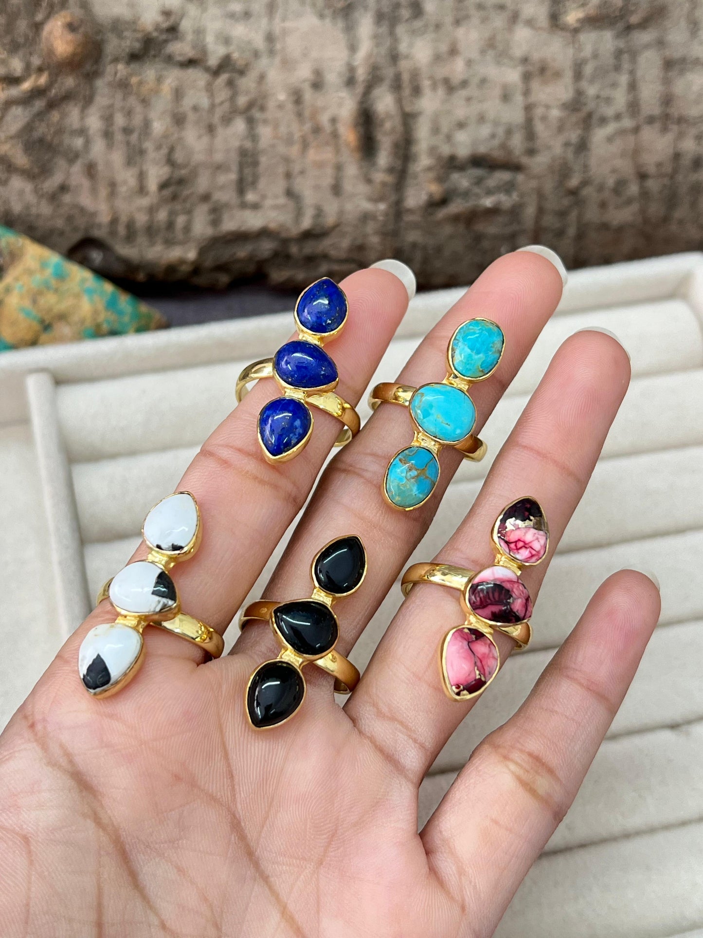 “The Golden Collection” Natural Multi Stone Adjustable 3 Stone Ring