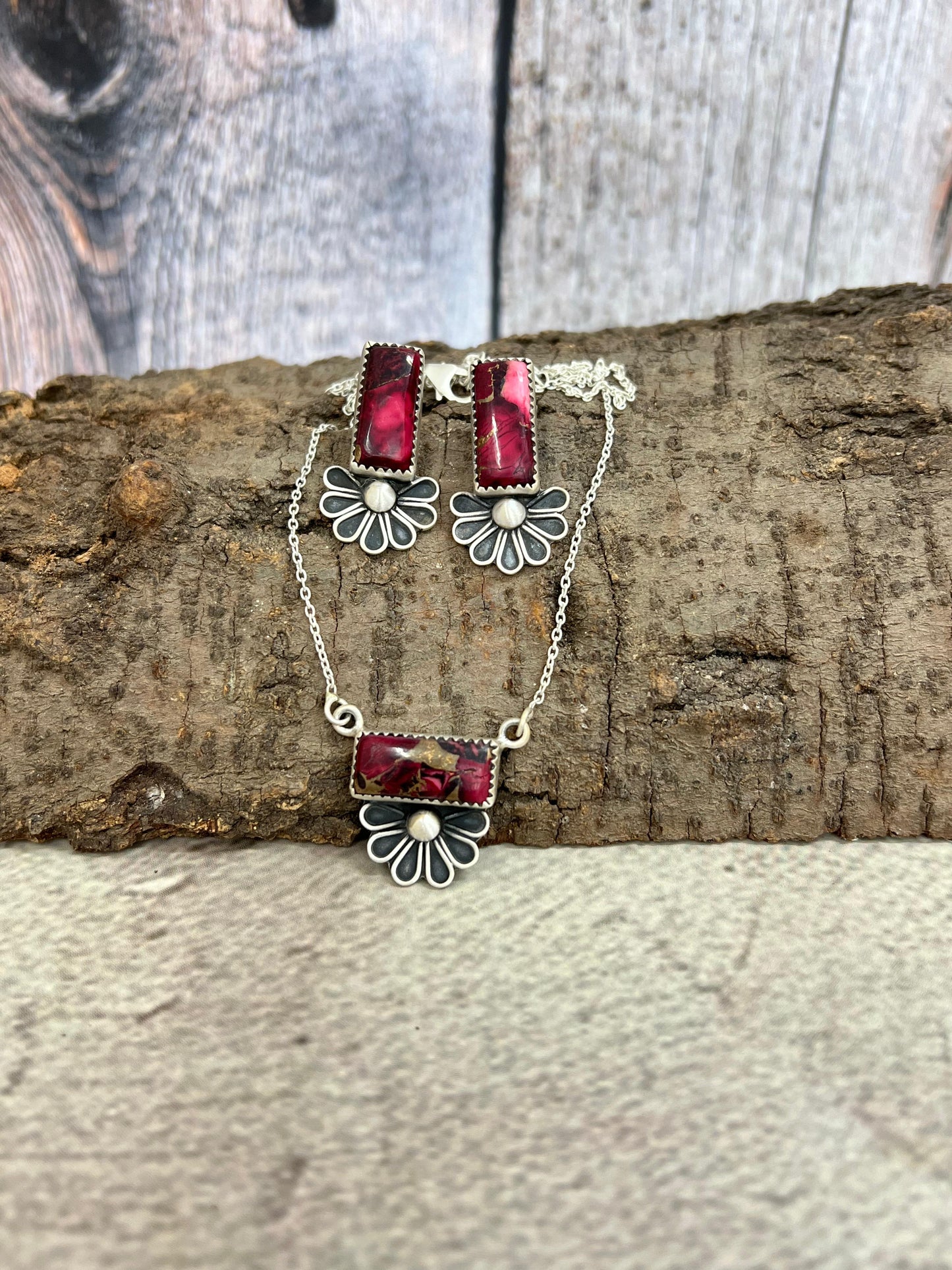 Handmade Sterling Silver Dahlia Rose Necklace Earrings Set, Signed Nizhoni (9)