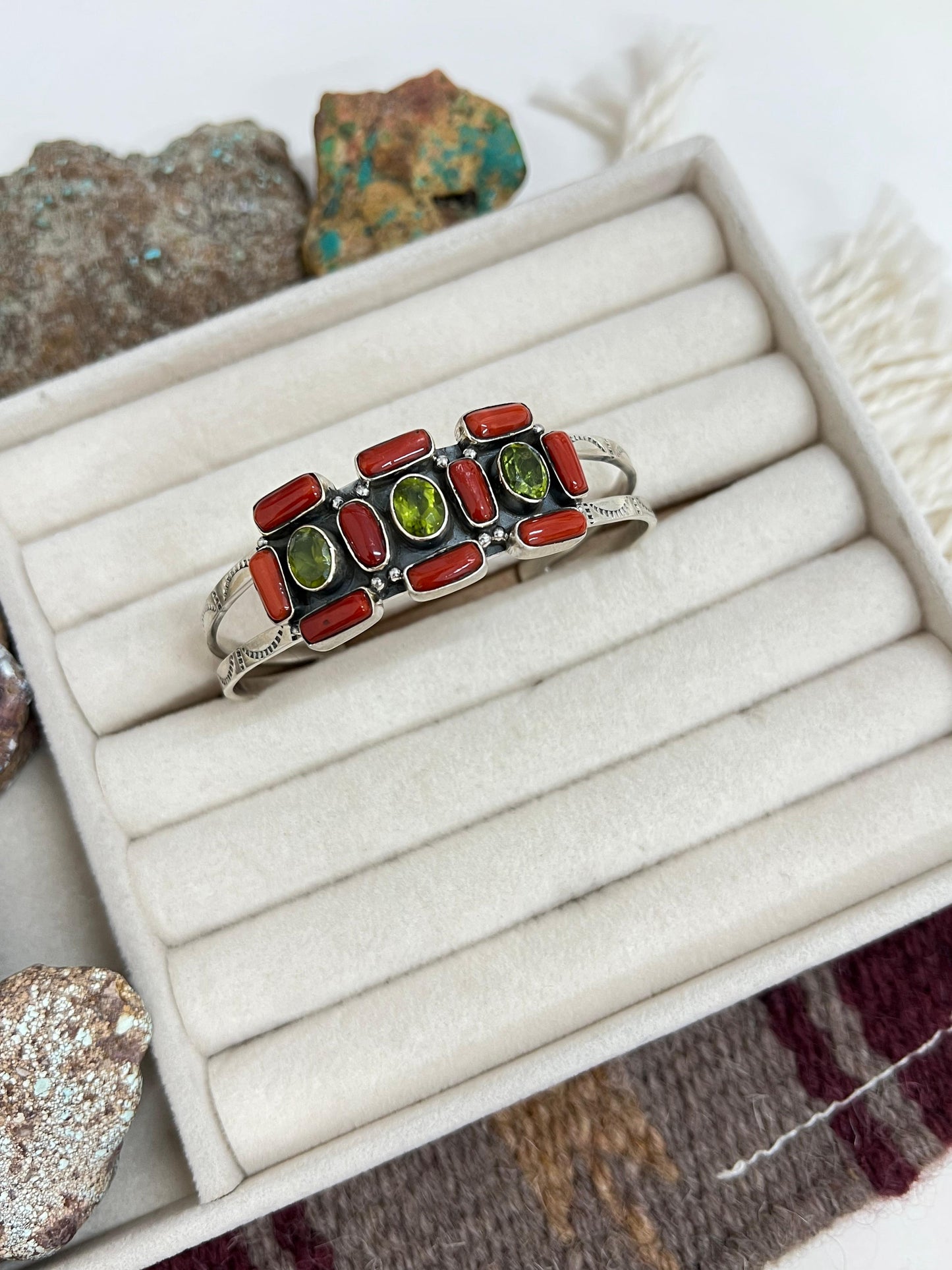 Christmas Collection Handmade Sterling Silver Coral with Peridot Bracelet with Signed Nizhoni