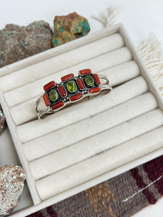 Christmas Collection Handmade Sterling Silver Coral with Peridot Bracelet with Signed Nizhoni
