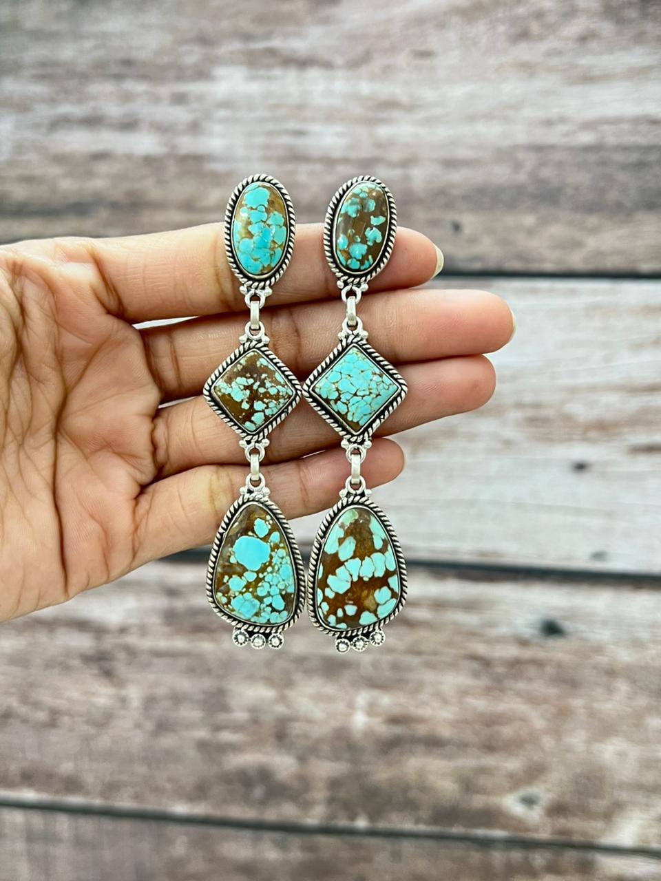 Handmade Sterling Silver Number 8 Turquoise Post Dangle Earrings with Signed Nizhoni (1)