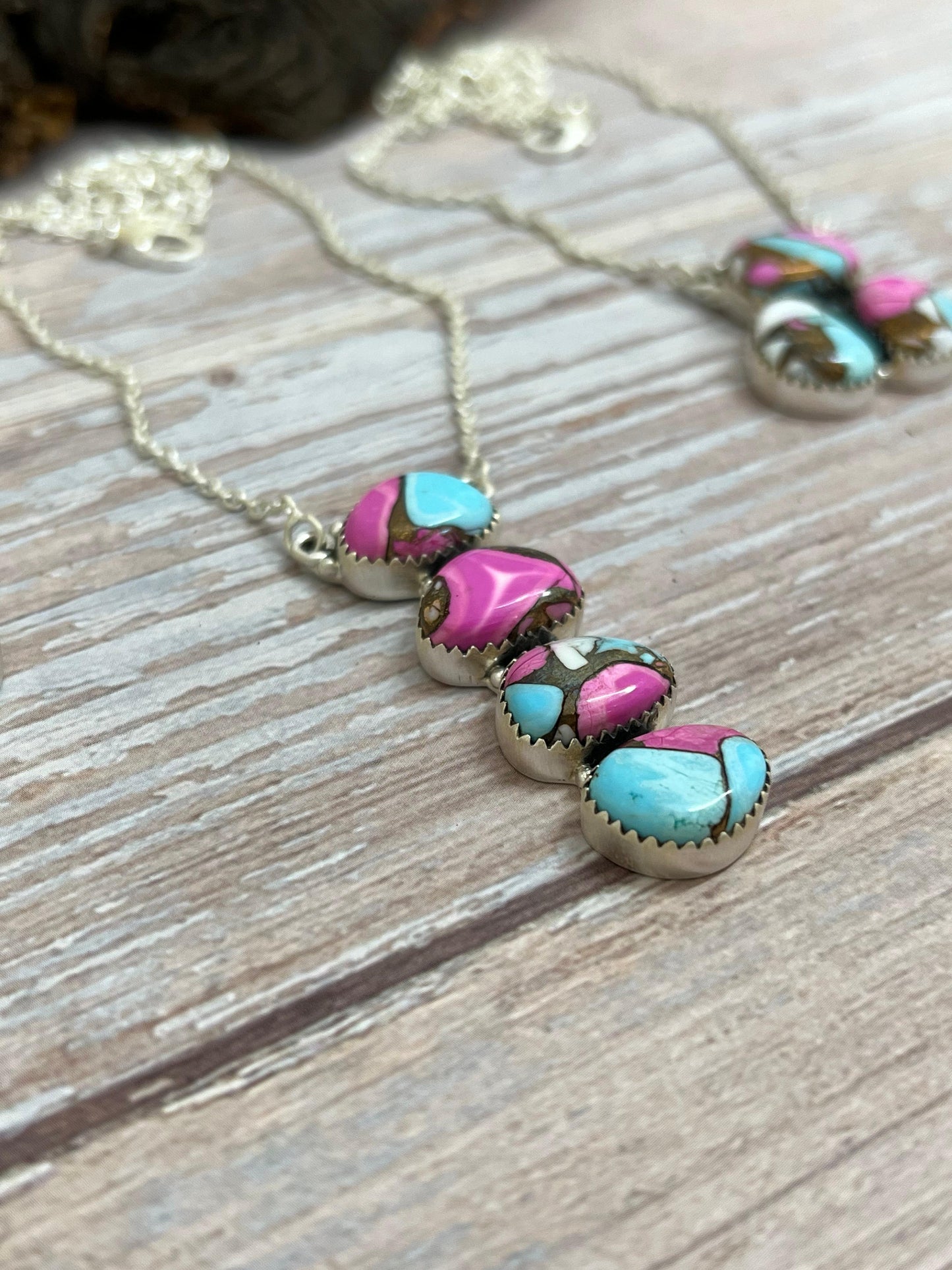 Handmade Sterling Silver Cotton Candy Turquoise Necklace with Signed Nizhoni