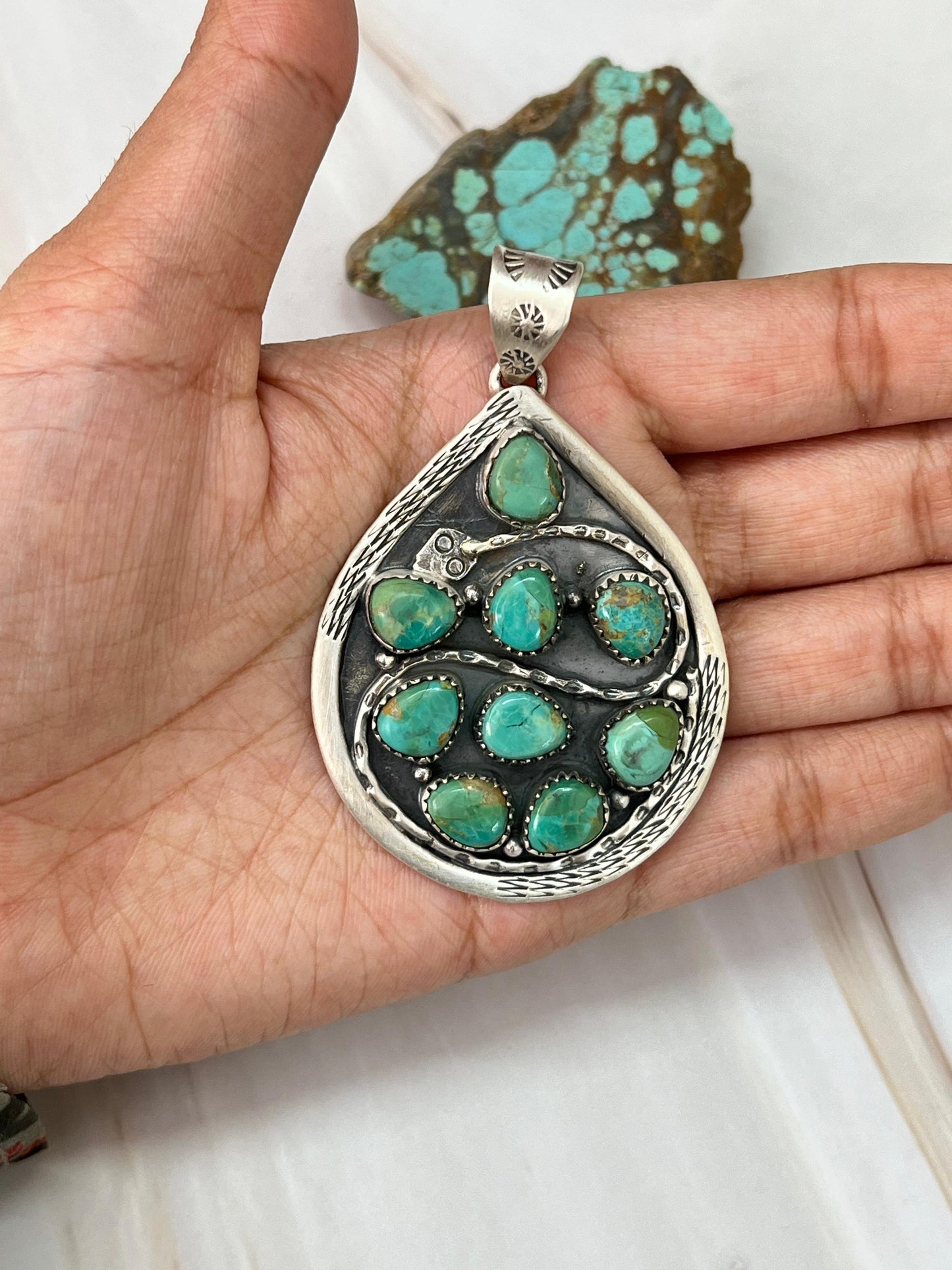 Handmade Sterling Silver Kingman Turquoise Snake Pendant with Signed Nizhoni