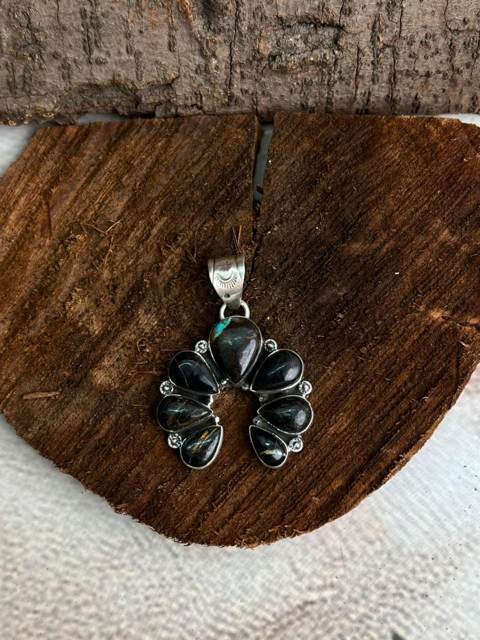 Handmade Sterling Silver Blackjack Turquoise Naja Pendant "Signed Nizhoni"