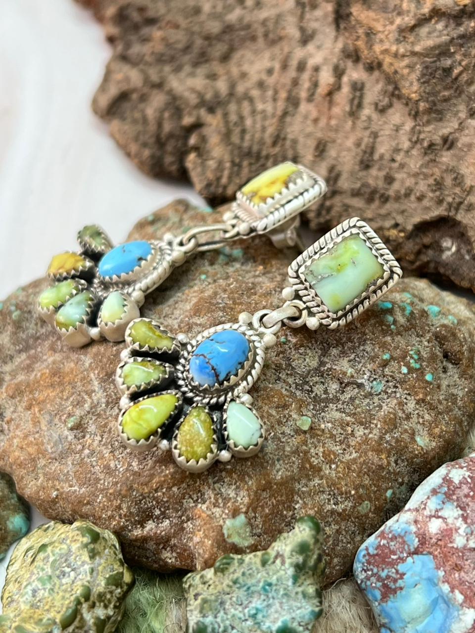Handmade Sterling Silver Palomino with Golden Hills Turquoise Post Dangle Earrings "Signed Nizhoni"