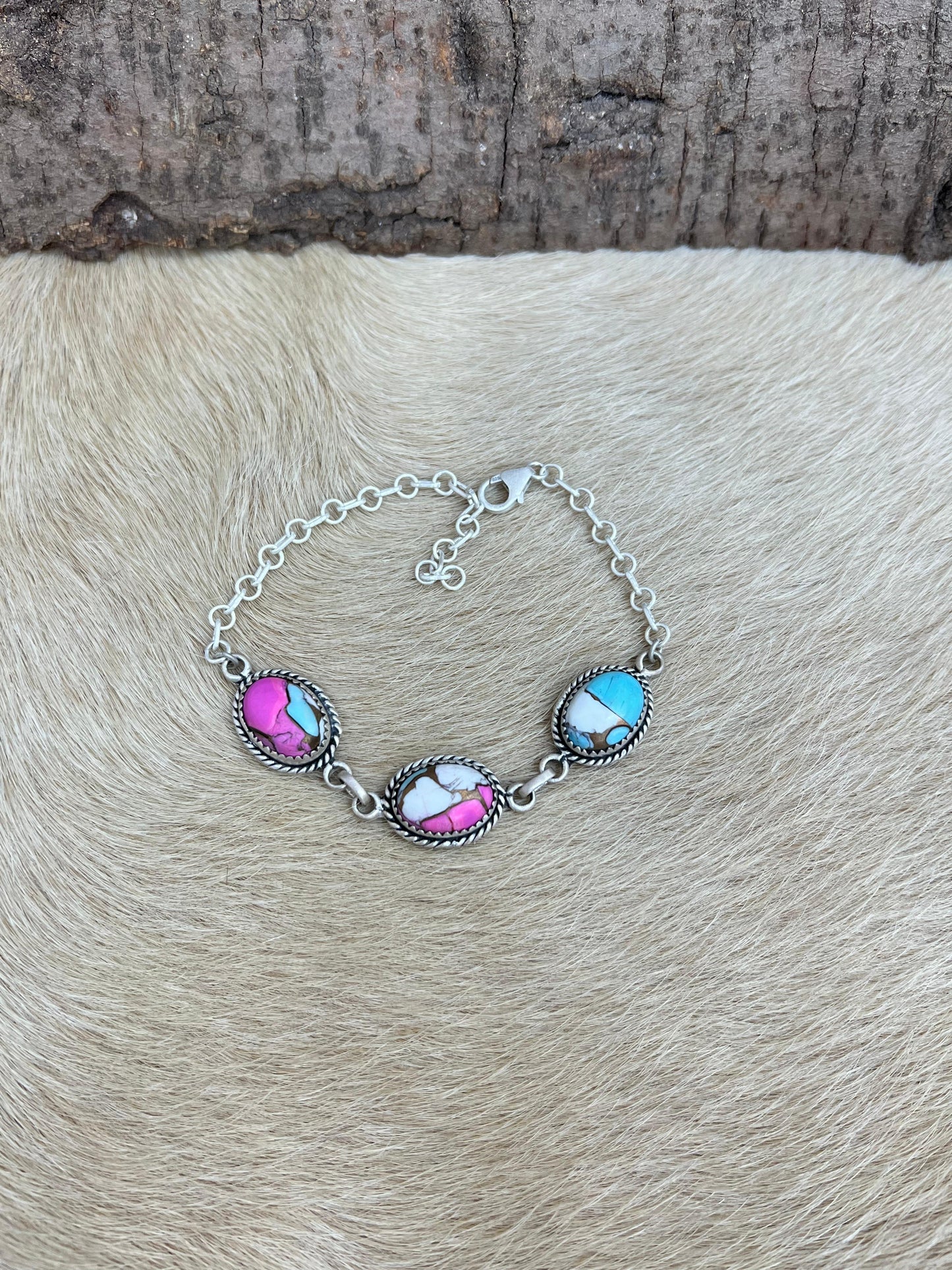 Handmade Sterling Silver Cotton Candy Turquoise Chain Bracelet with Signed Nizhoni (9)