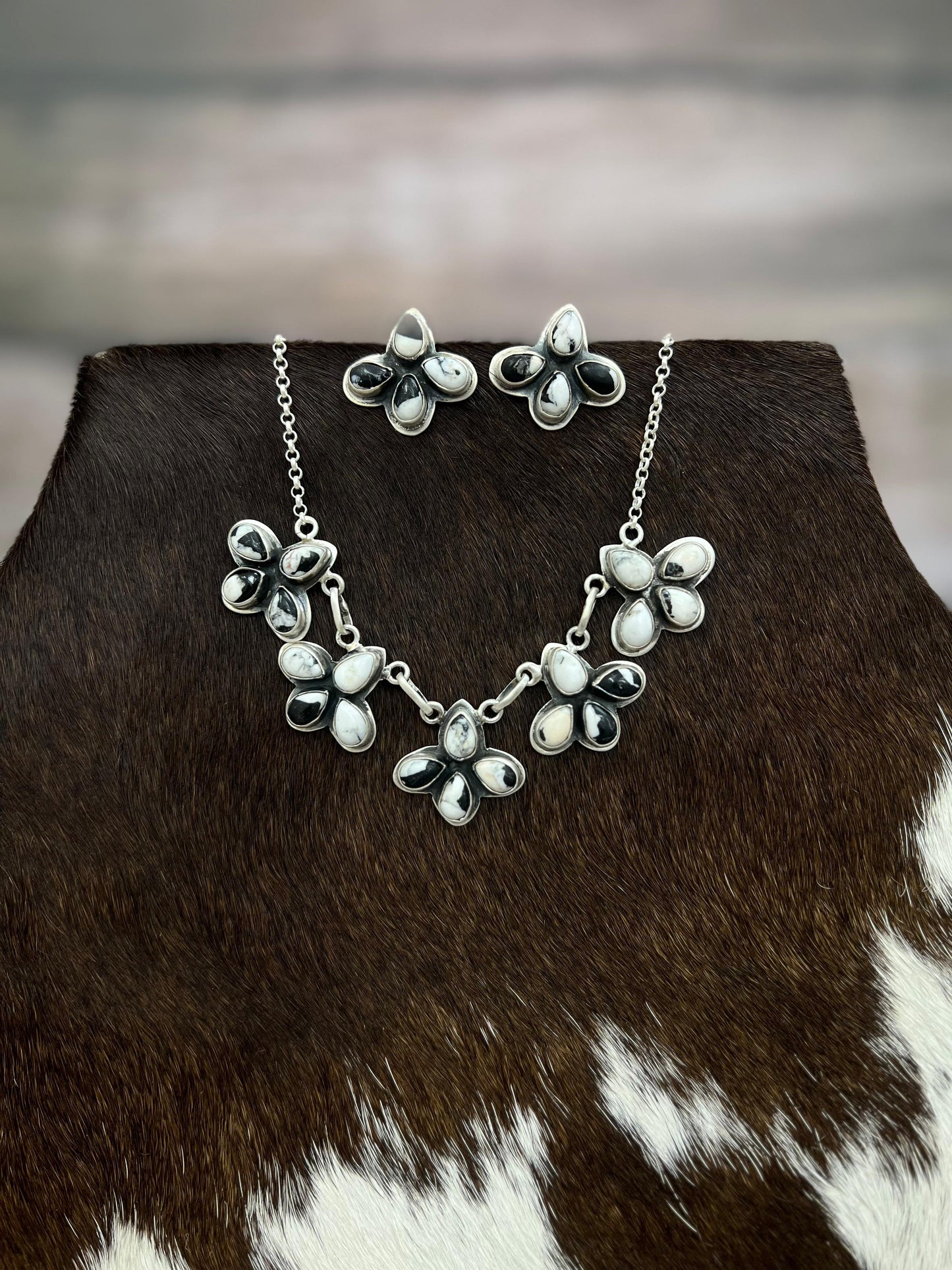 Handmade Sterling Silver White Buffalo Necklace & Earrings Set Signed Nizhoni