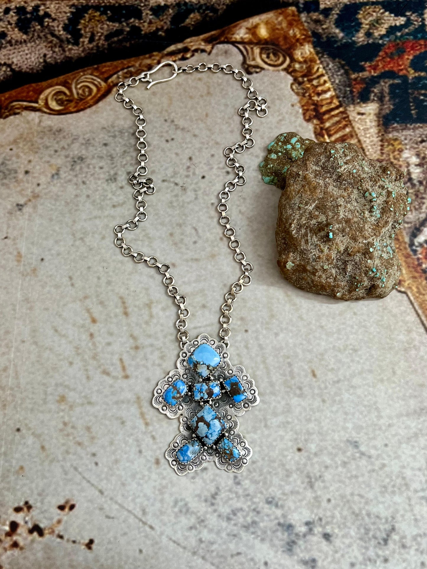Handmade Sterling Silver Golden Hills Turquoise Necklace with Signed Nizhoni