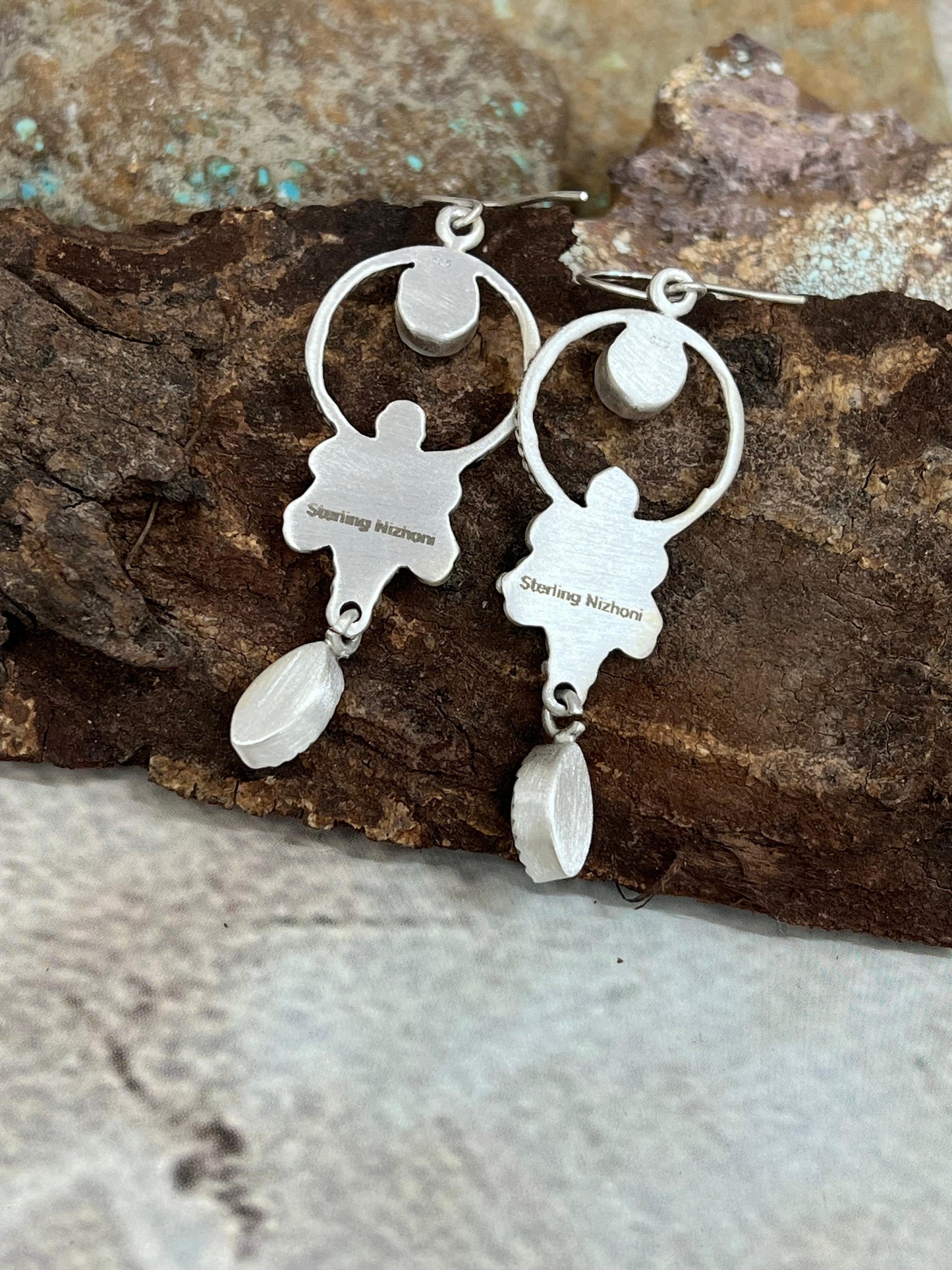 Handmade Sterling Silver Kingman Turquoise Hook Earrings with Signed Nizhoni