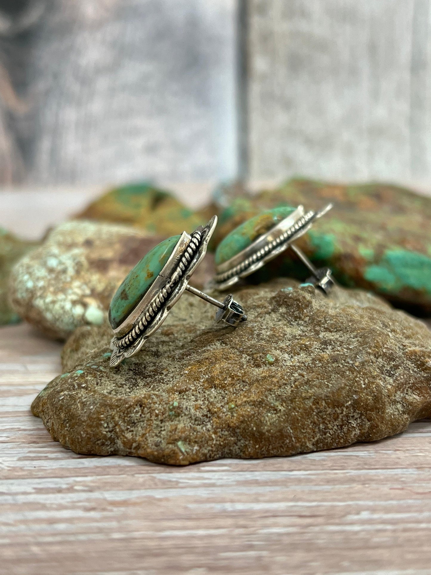 Handmade Sterling Silver Royston Turquoise Post Studs with Signed Nizhoni