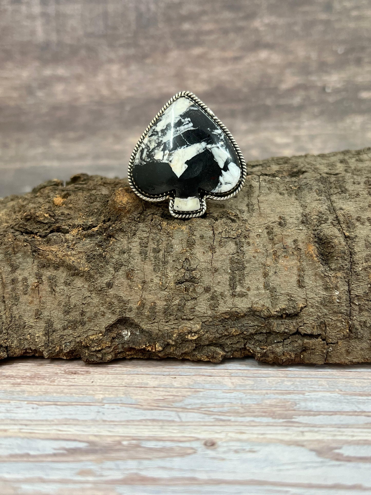 Handmade Sterling Silver White Buffalo Spade Adjustable Ring Signed Nizhoni (4)