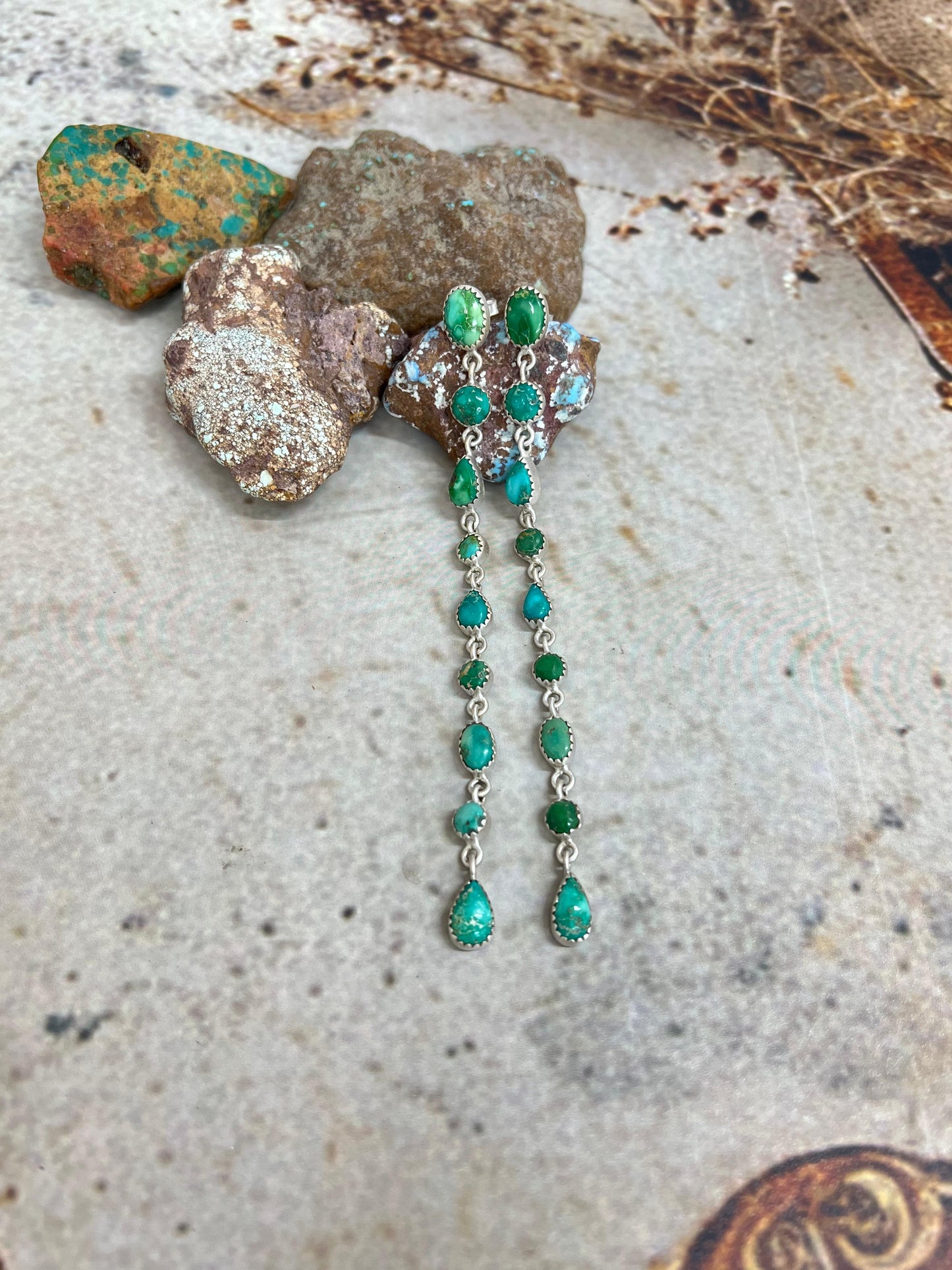 Handmade Sterling Silver Emerald Valley Post Dangle Earrings with Signed Nizhoni
