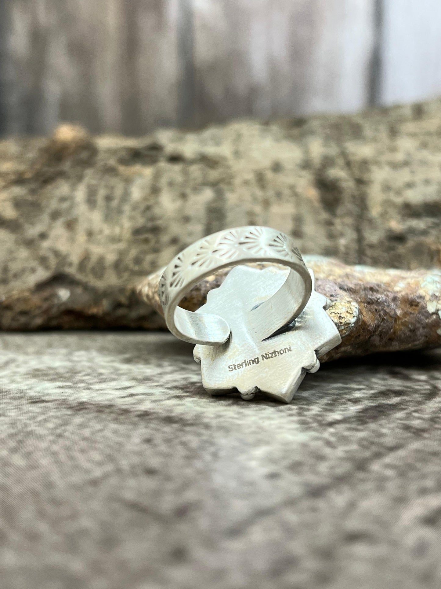 Handmade Sterling Silver White Buffalo Turquoise Adjustable Ring with Signed Nizhoni