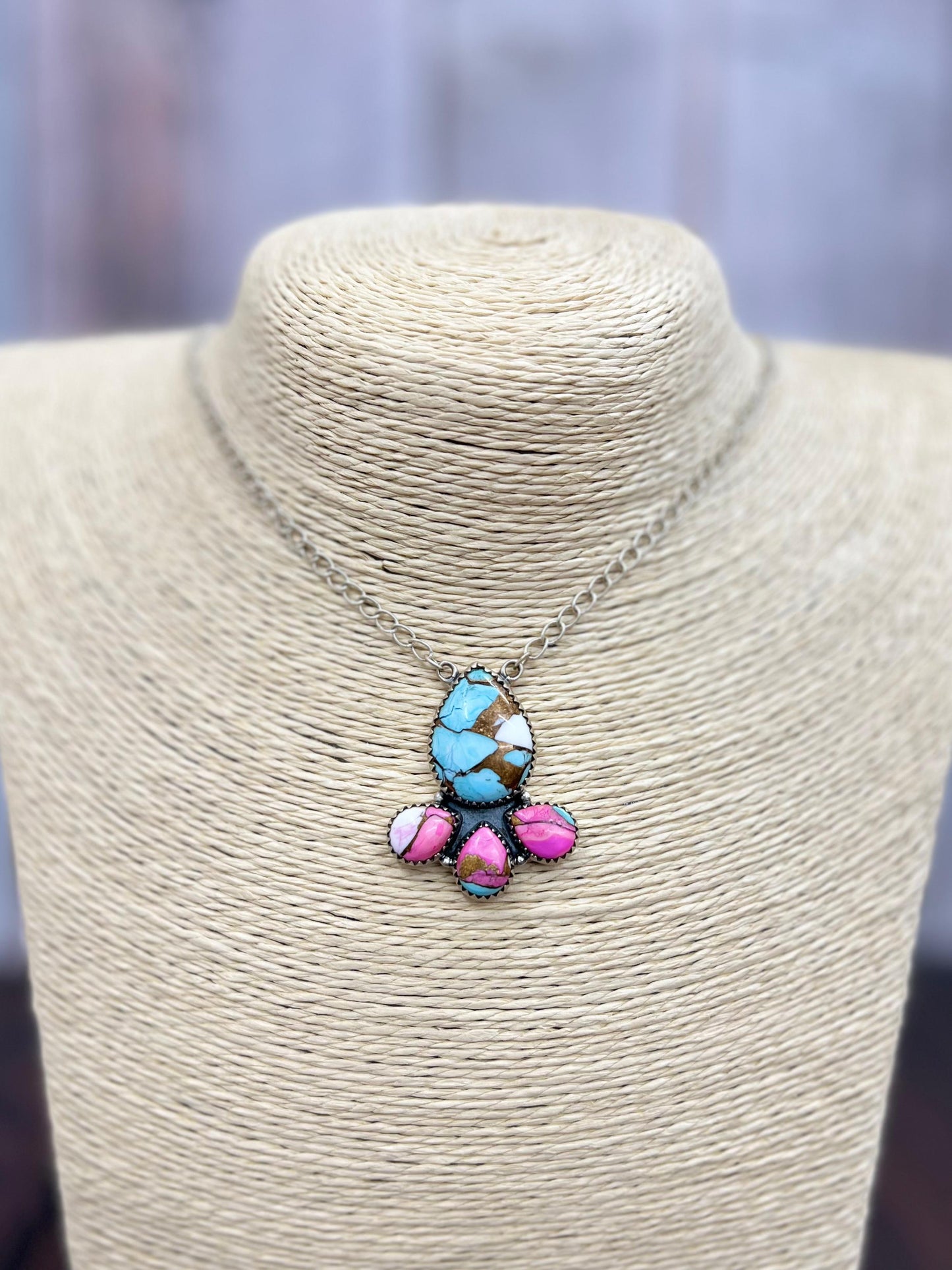Handmade Sterling Silver Cotton Candy Turquoise Necklace with Signed Nizhoni