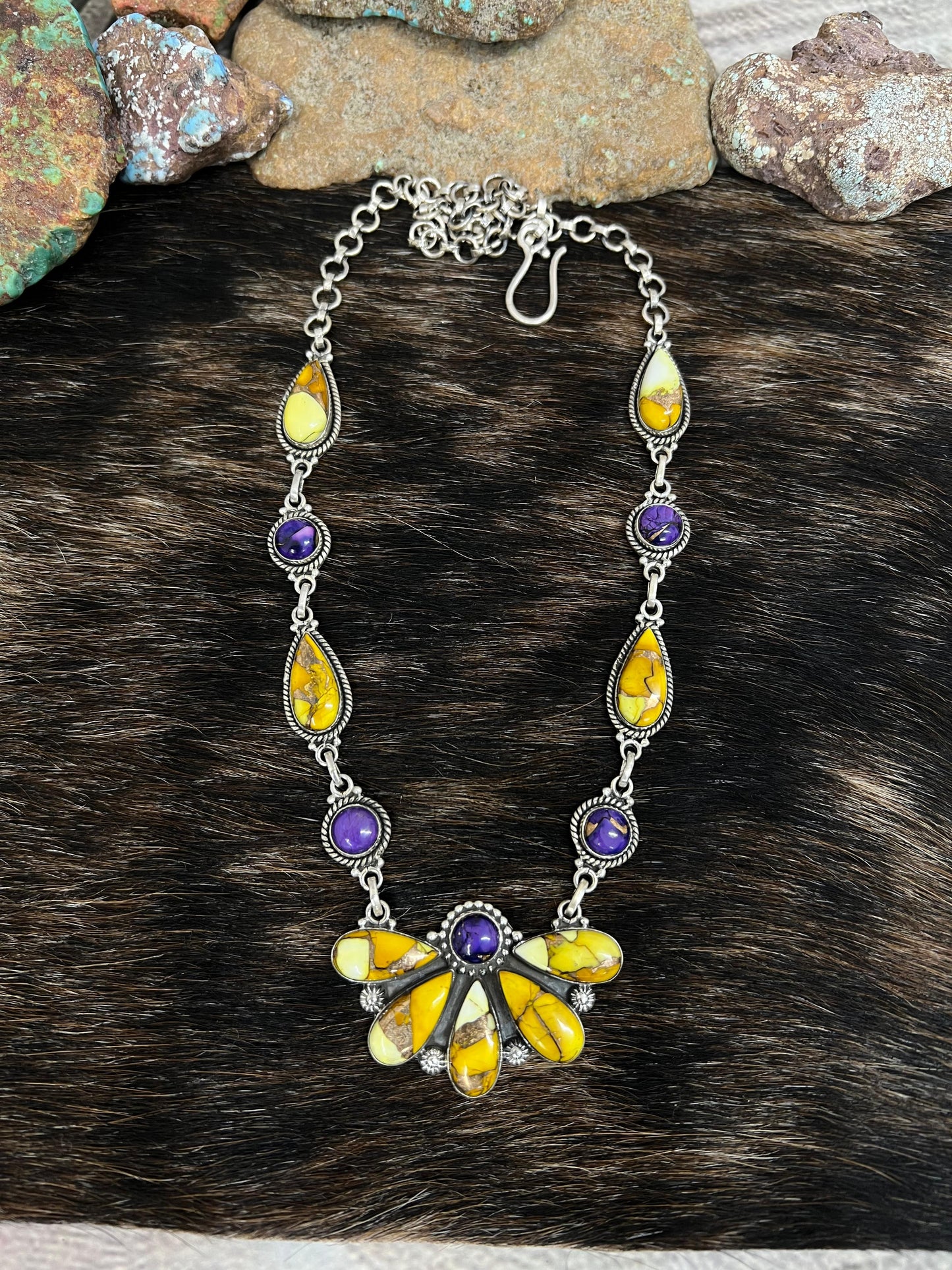Handmade Sterling Silver Grape Dahlia, Honey Dahlia Necklace with Signed Nizhoni