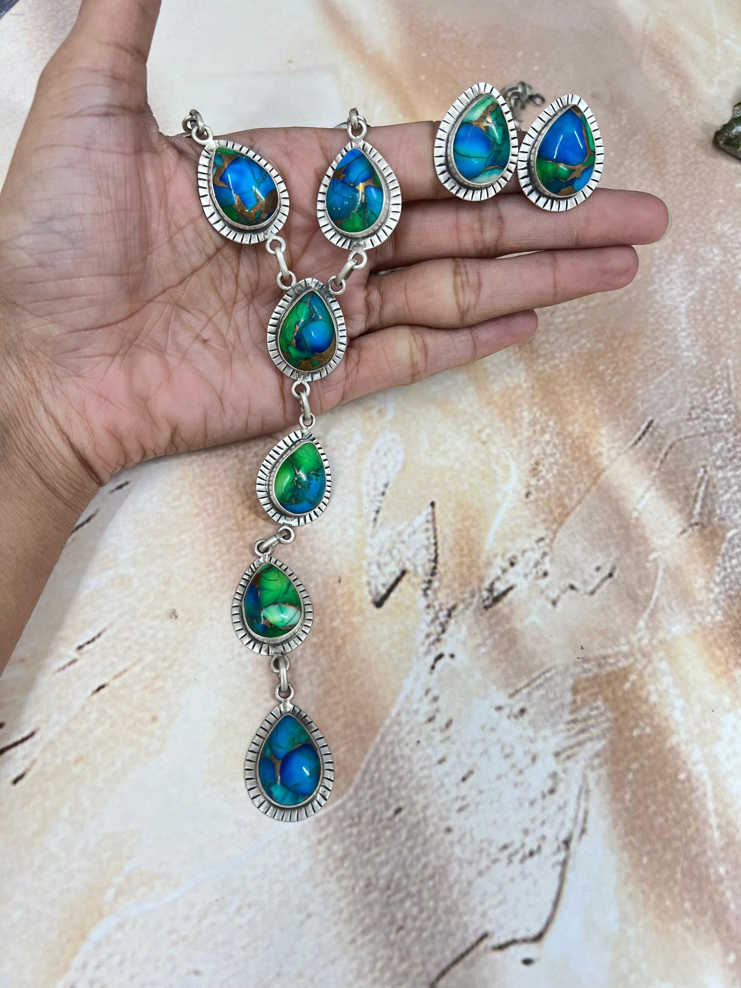 Handmade Sterling Silver White Buffalo Turquoise, Peacock Dahlia Necklace Earrings Set, Signed Nizhoni