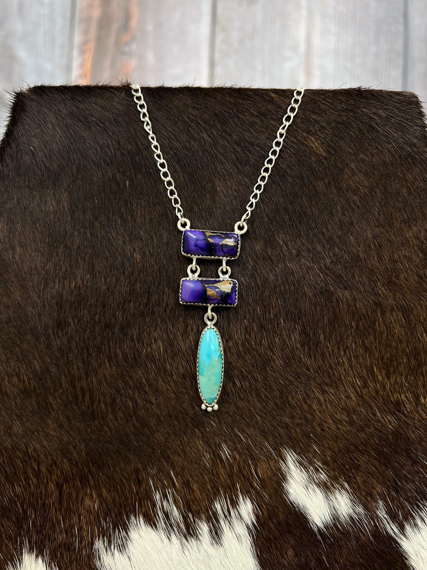 Handmade Sterling Silver Grape Dahlia Kingman Turquoise Necklace with Signed Nizhoni