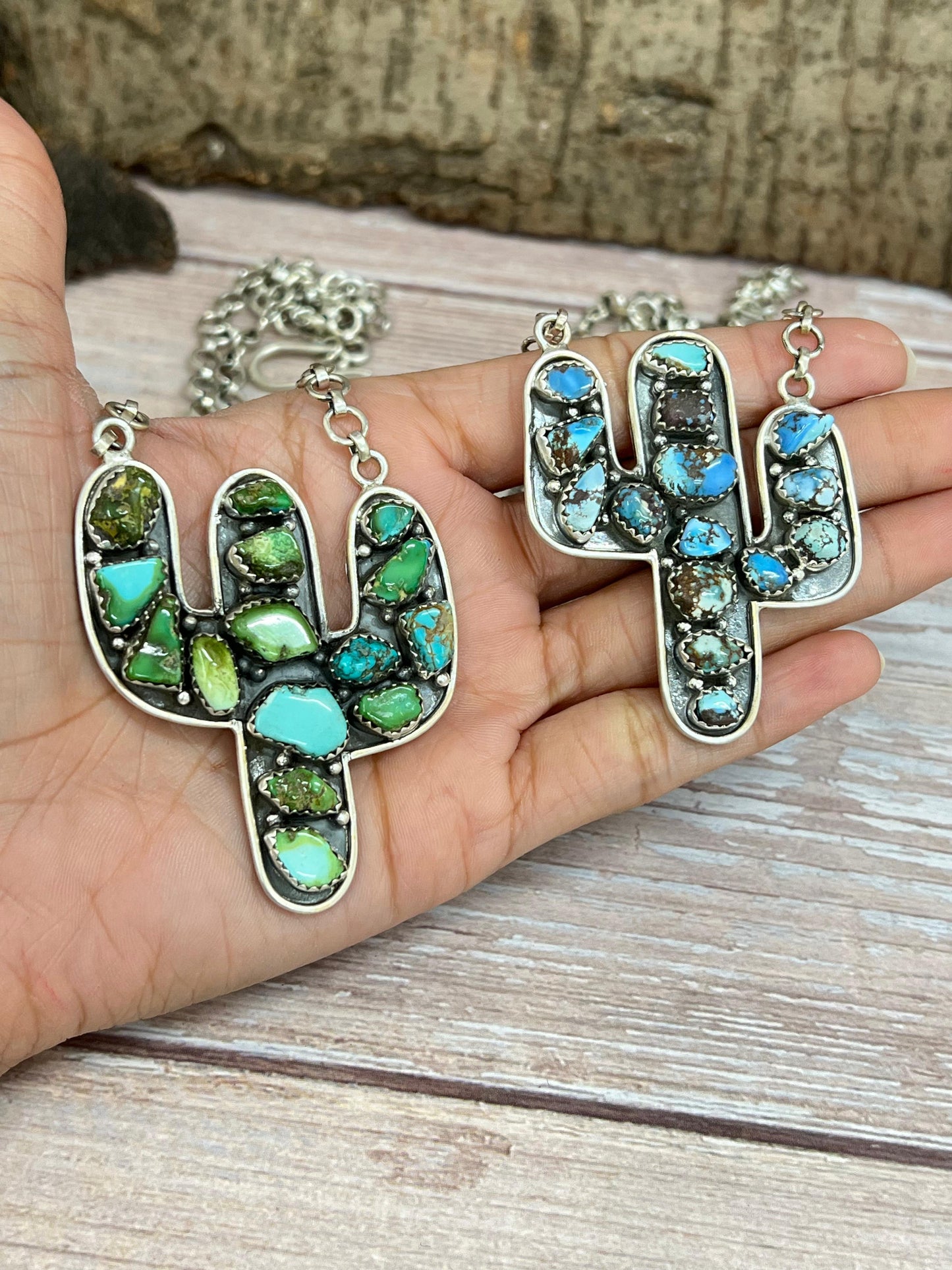 Handmade Sterling Silver Golden Hill Turquoise, Sonoran Saguaro Cactus Necklace with Signed Nizhoni