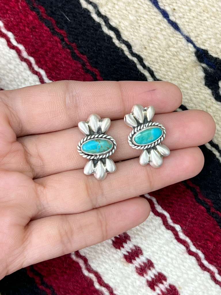 Handmade Sterling Silver Kingman Turquoise Post Studs "Signed Nizhoni"