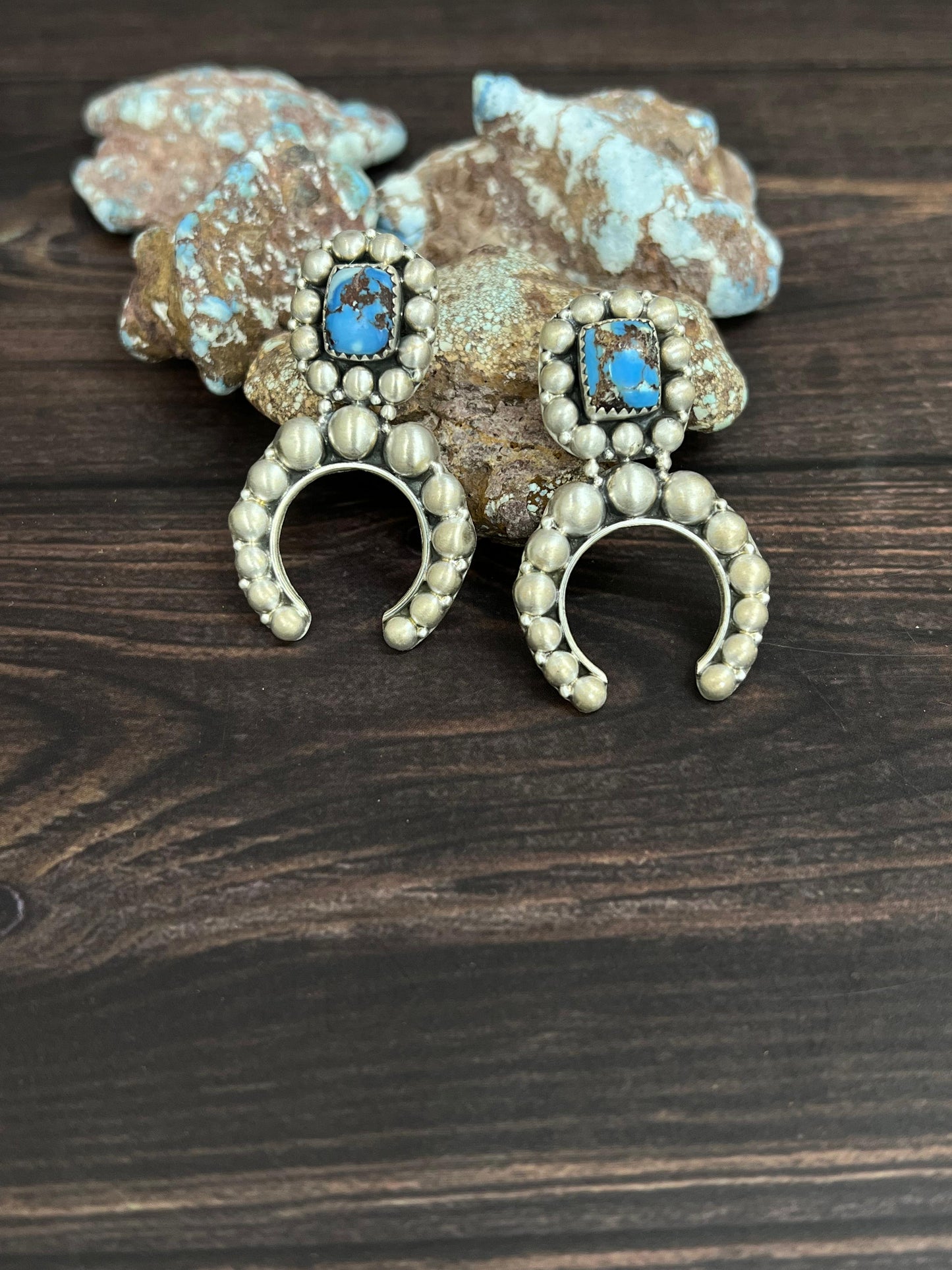 Handmade Sterling Silver Golden Hills Turquoise Post Dangle Earrings with Signed Nizhoni