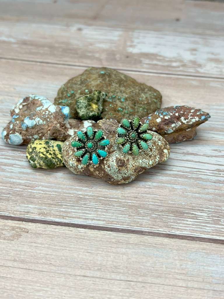 Handmade Sterling Silver Kingman Turquoise Post Studs Earrings "Signed Nizhoni"