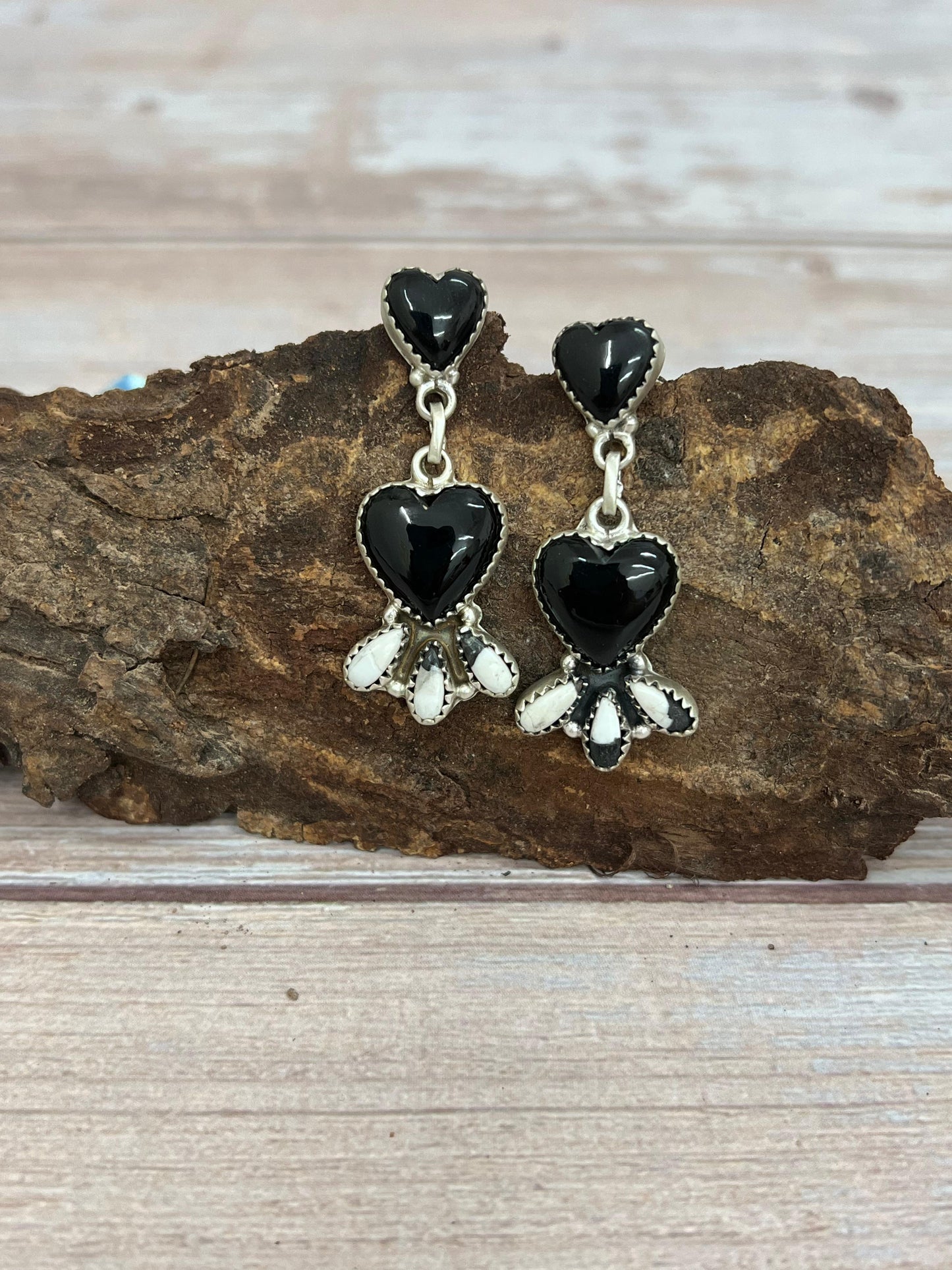 Handmade Sterling Silver and Black Onyx with White Buffalo Turquoise Dangle Earrings, Signed Nizhoni