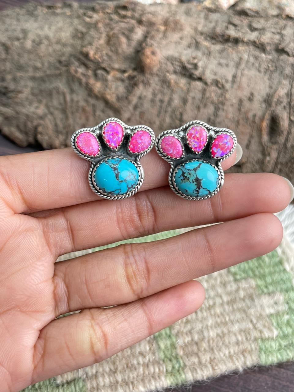 Handmade Sterling Silver Arizona Blue Turquoise with Hot Pink Post Studs Earrings "Signed Nizhoni"