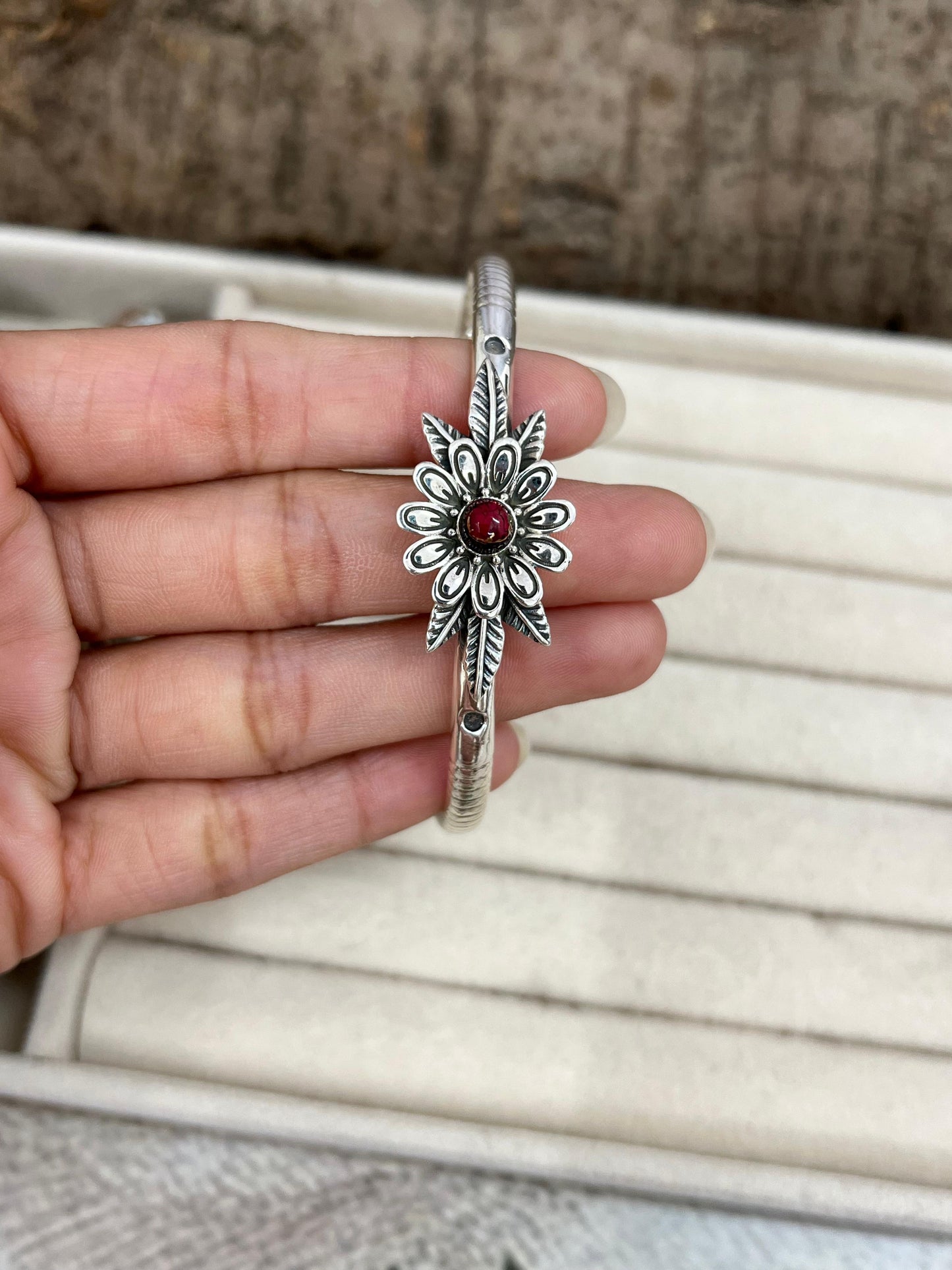 Handmade Sterling Silver Peacock Dahlia, Cotton Candy Turquoise, Dahlia Rose Cuff Bracelet with Signed Nizhoni (4)