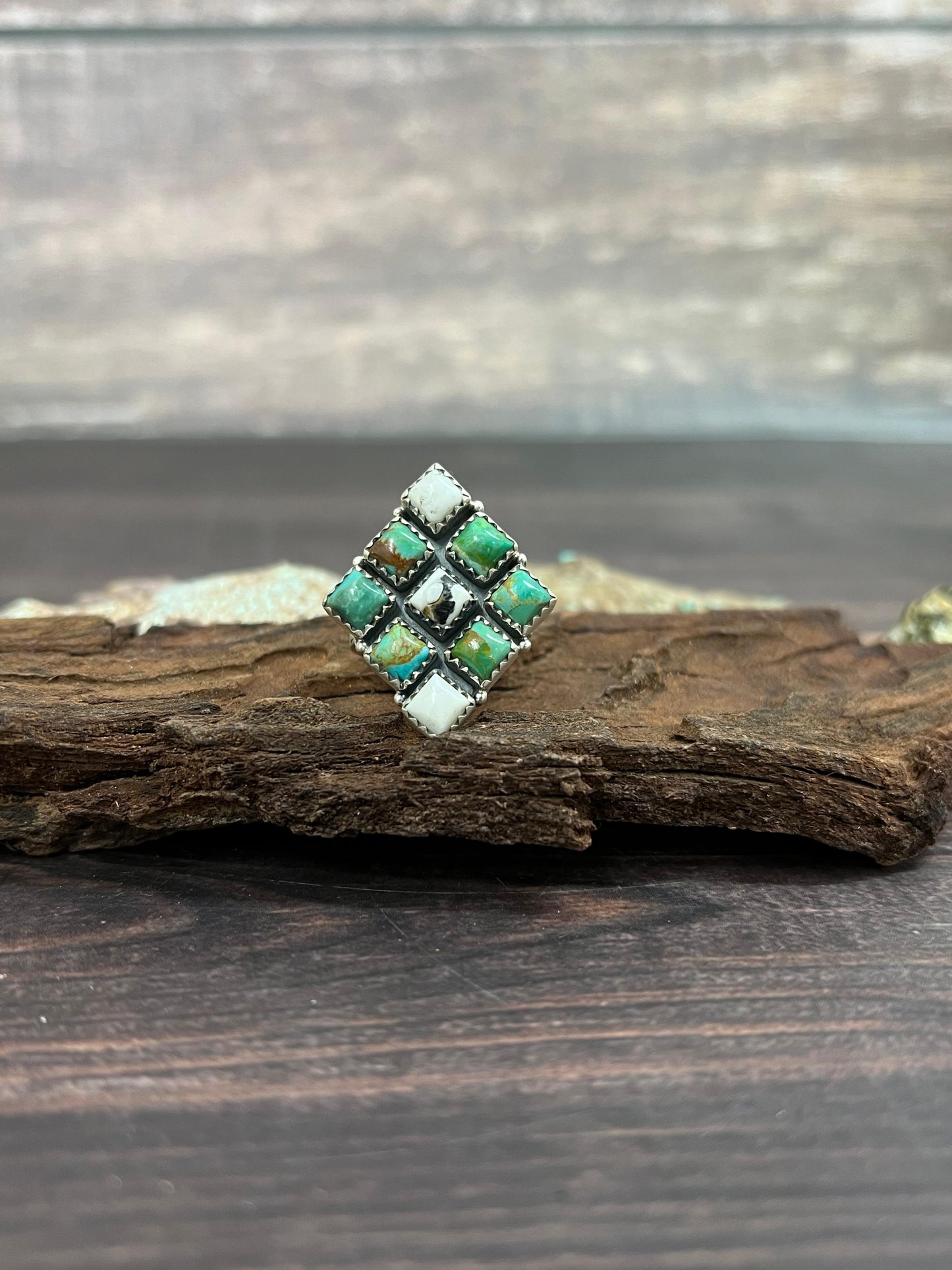 Handmade Sterling Silver Kingman with White Buffalo Turquoise Adjustable Ring with Signed Nizhoni