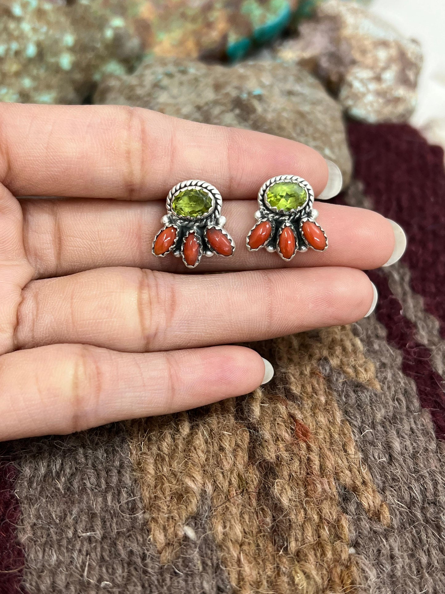Christmas Collection Handmade Sterling Silver Coral with Peridot Post Studs, Signed Nizhoni