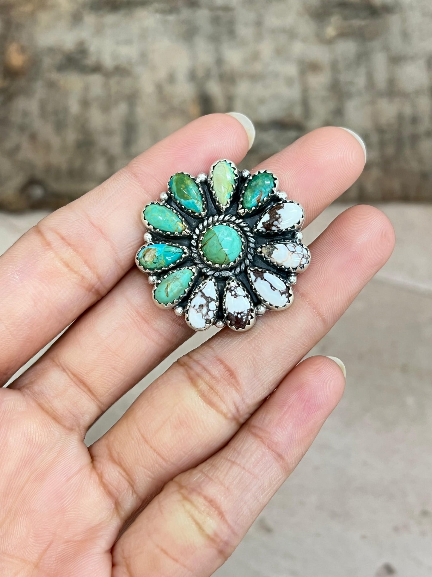 Handmade Sterling Silver Kingman Turquoise, Wild Horse Adjustable Ring with Signed Nizhoni