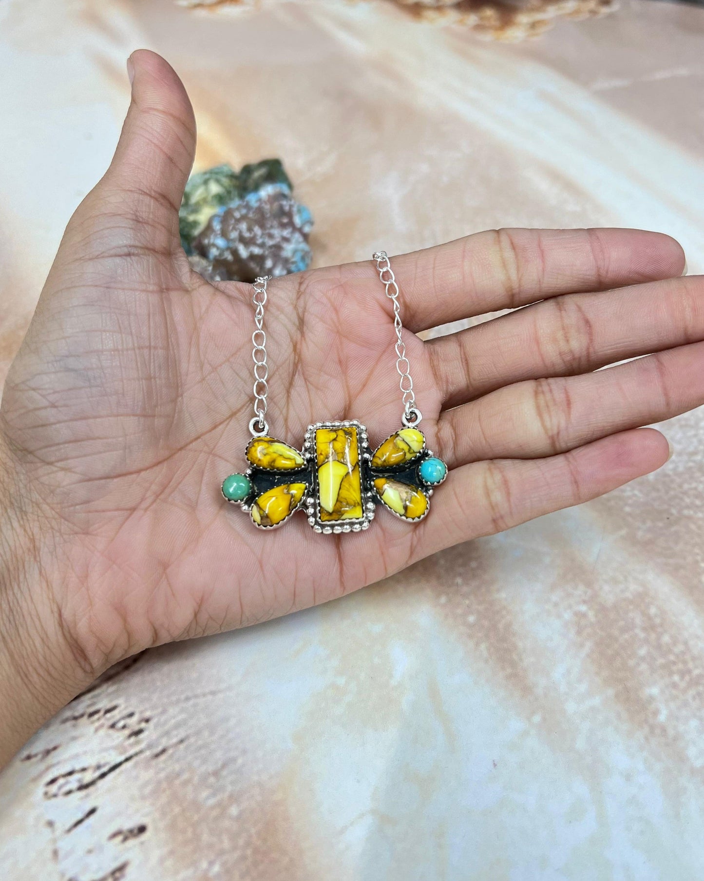 Handmade Sterling Silver Honey Dahlia with Kingman Turquoise Necklace, Signed Nizhoni