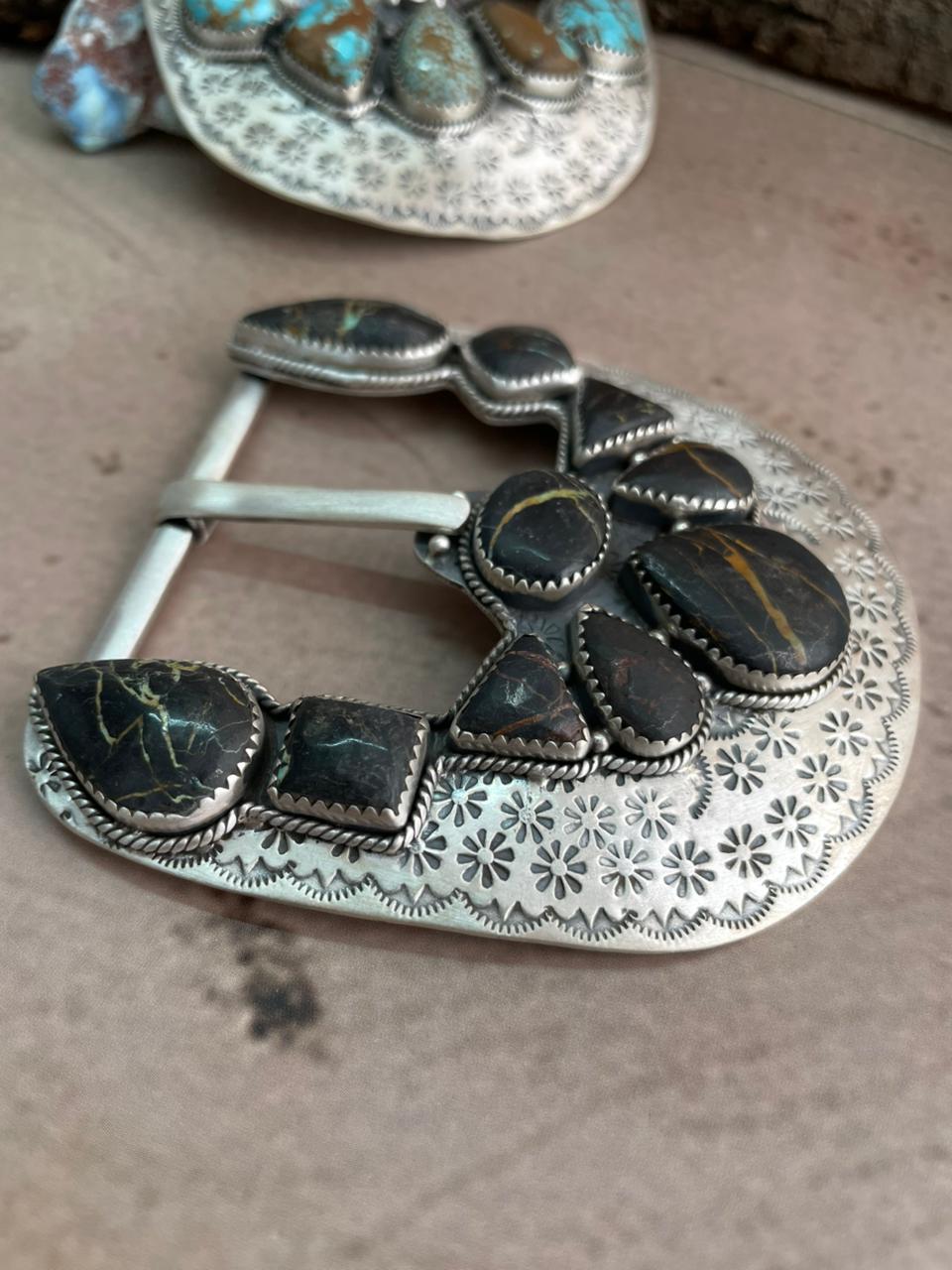 Handmade Sterling Silver Number 8 Turquoise, Black Jack Buckle with Signed Nizhoni (8)