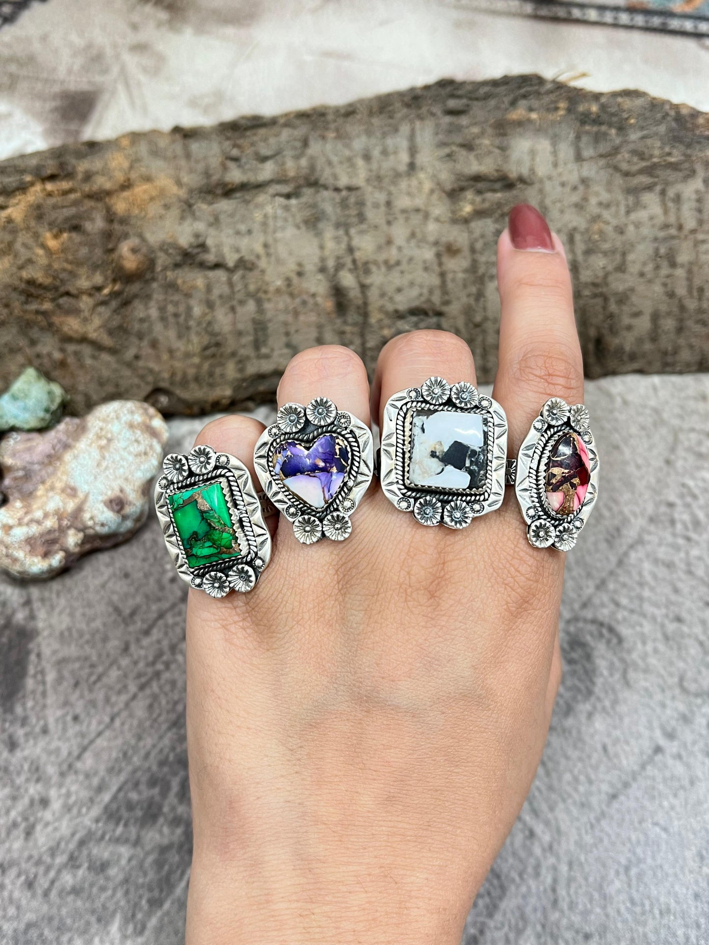 Handmade Sterling Silver Multi Stones Adjustable Ring with Signed Nizhoni