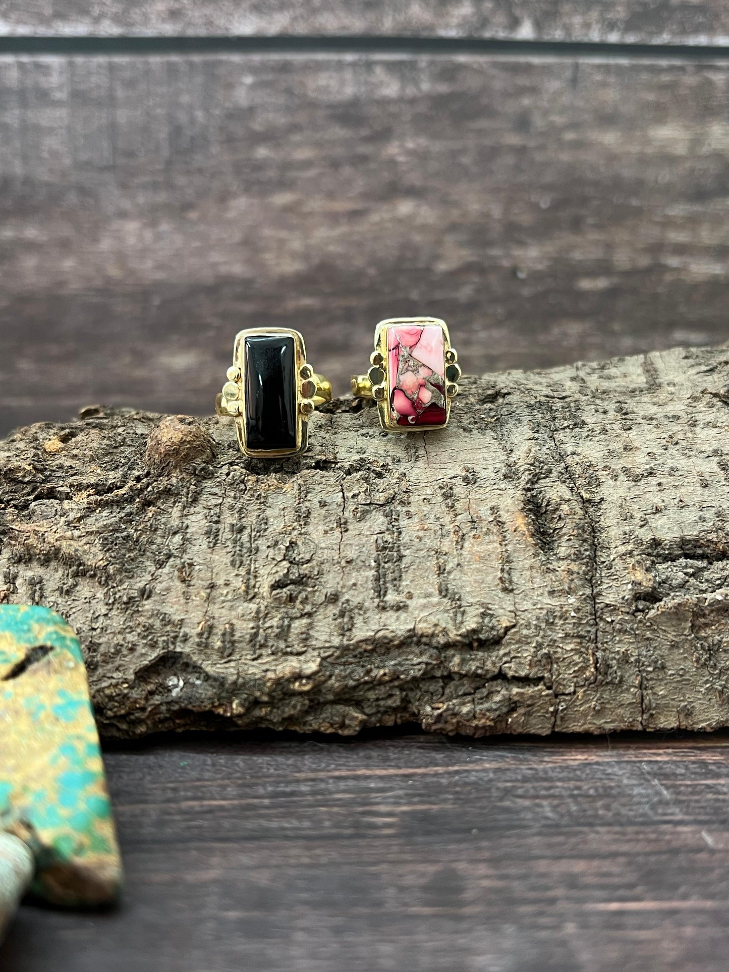 “The Golden Collection” Natural Dahlia Rose, Black Onyx Adjustable Ring