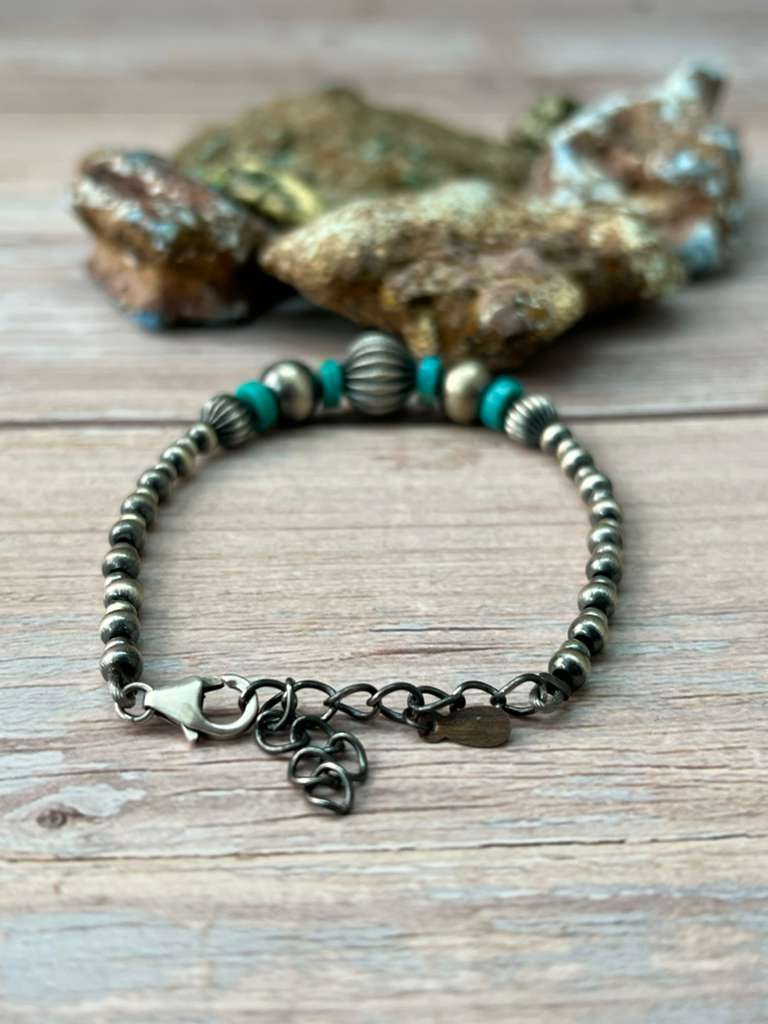 Handmade Sterling Silver Kingman Turquoise Beaded Bracelet "Signed Nizhoni"