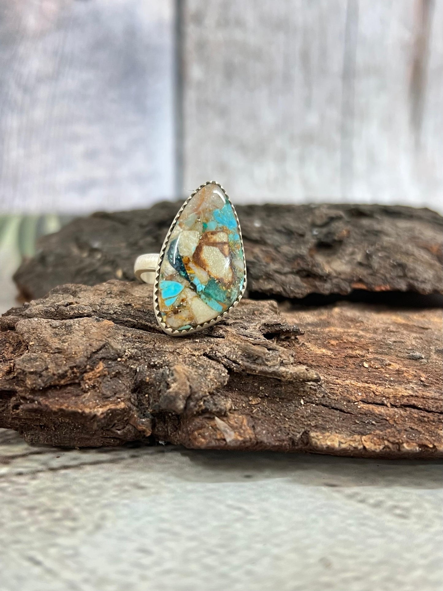 Handmade Sterling Silver Royston Turquoise Adjustable Ring with Signed Nizhoni