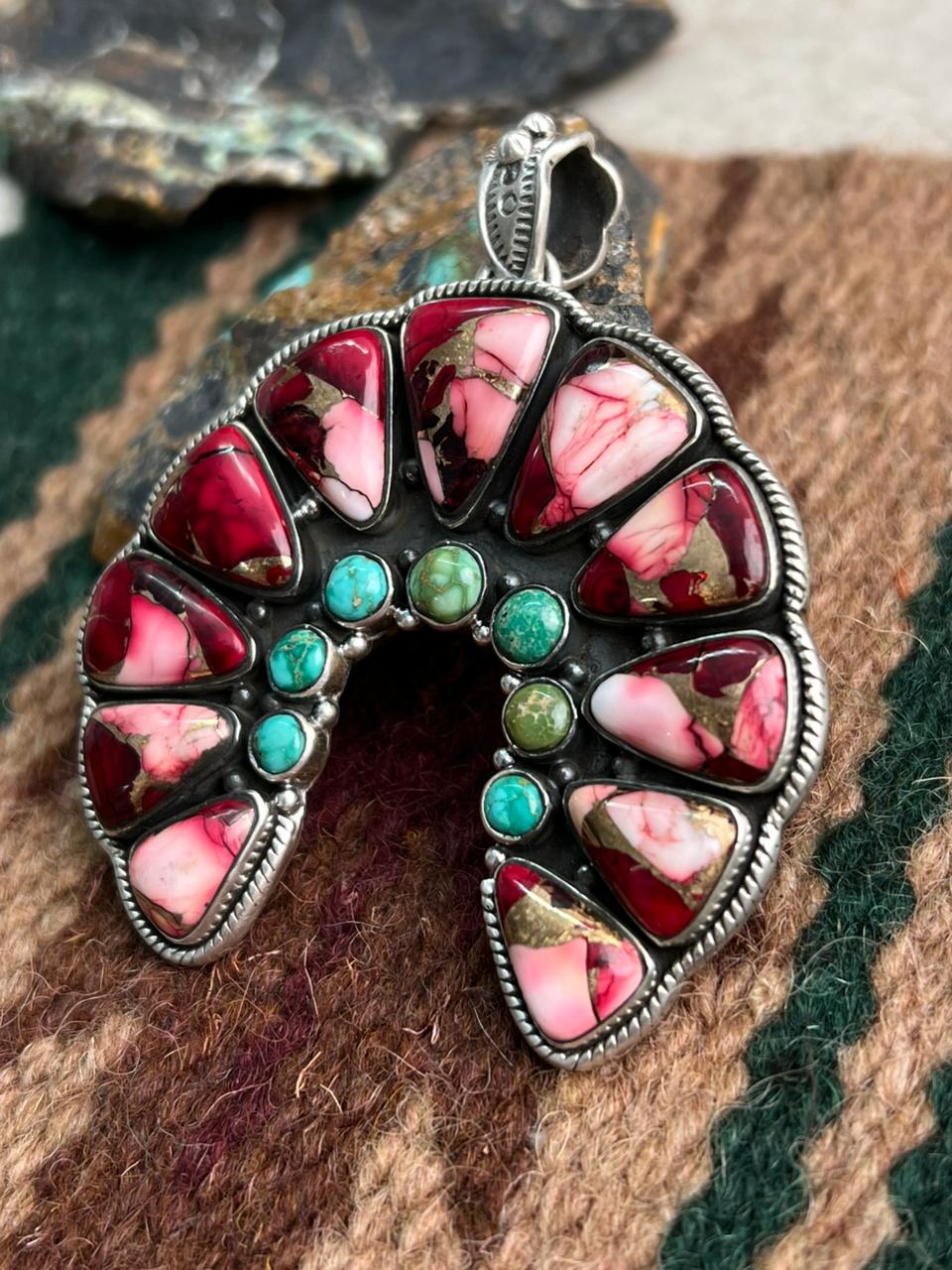 Handmade Sterling Silver Dahlia Rose with Emerald Valley Turquoise Pendant "Signed Nizhoni"