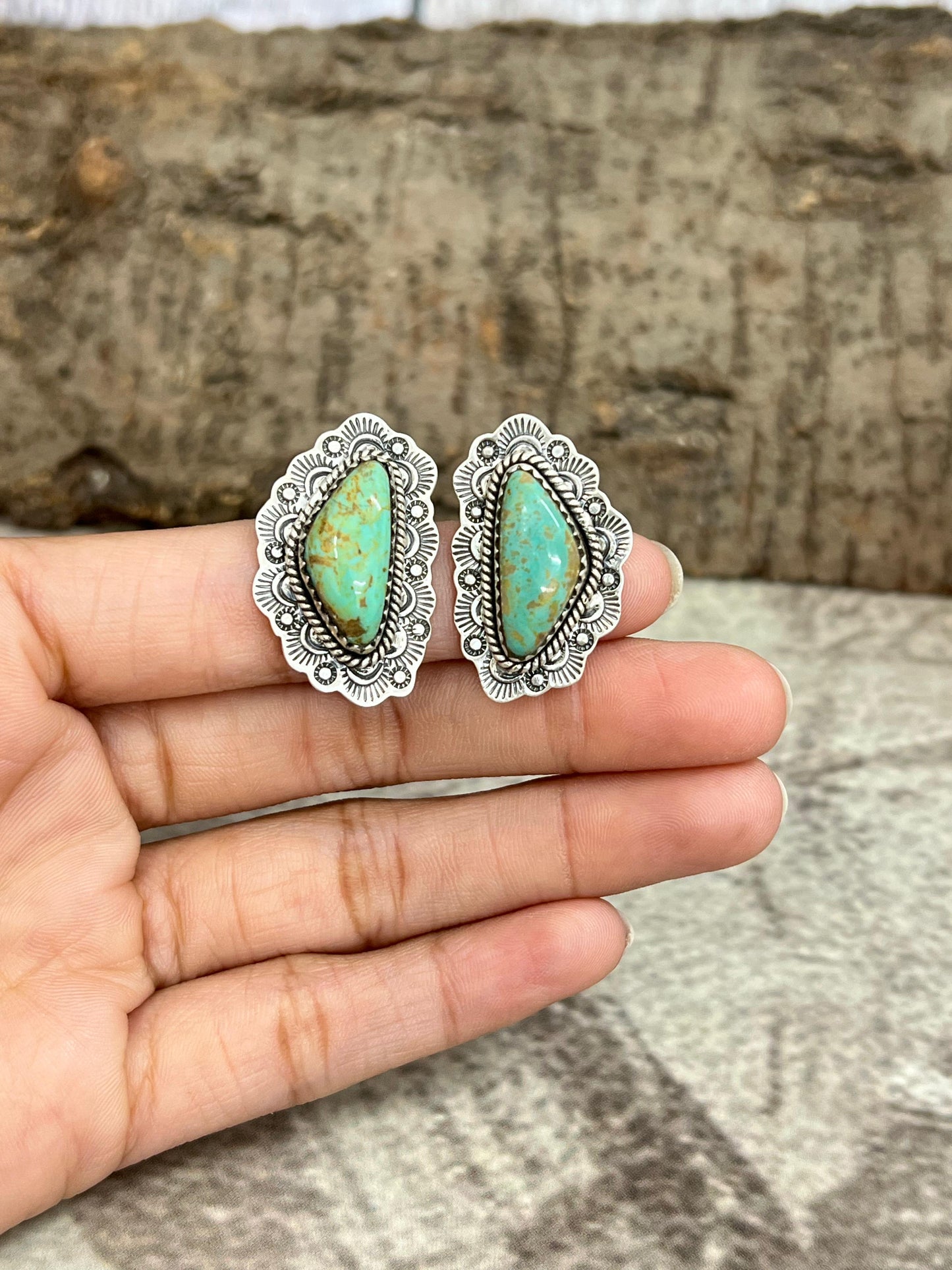 Handmade Sterling Silver Royston Turquoise Post Studs with Signed Nizhoni